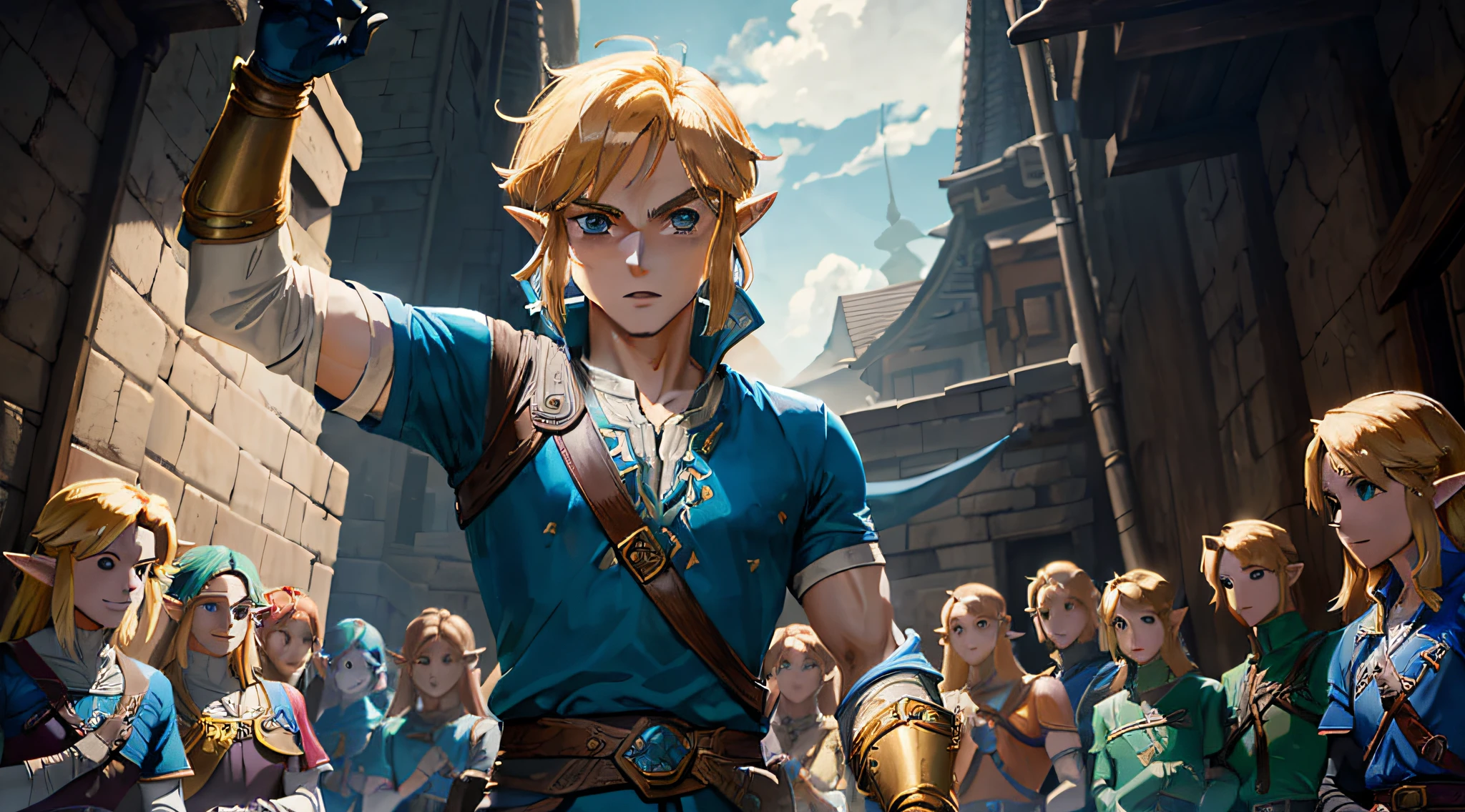 link, legend, blue tunic, botw, hyrule, male, anime style, cartoon style, blonde, leather gloves, daytime, one person, blue eyes, big eyes, serious, one person, anime eyes, monsters, round jaw, crowded background