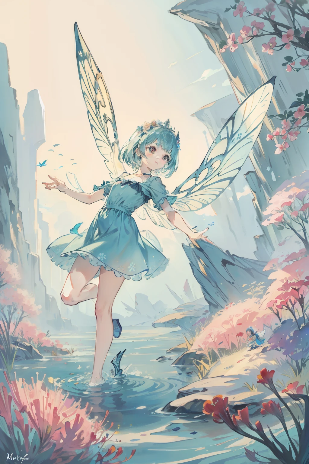 In the sea of flowers is a little fairy with wings
