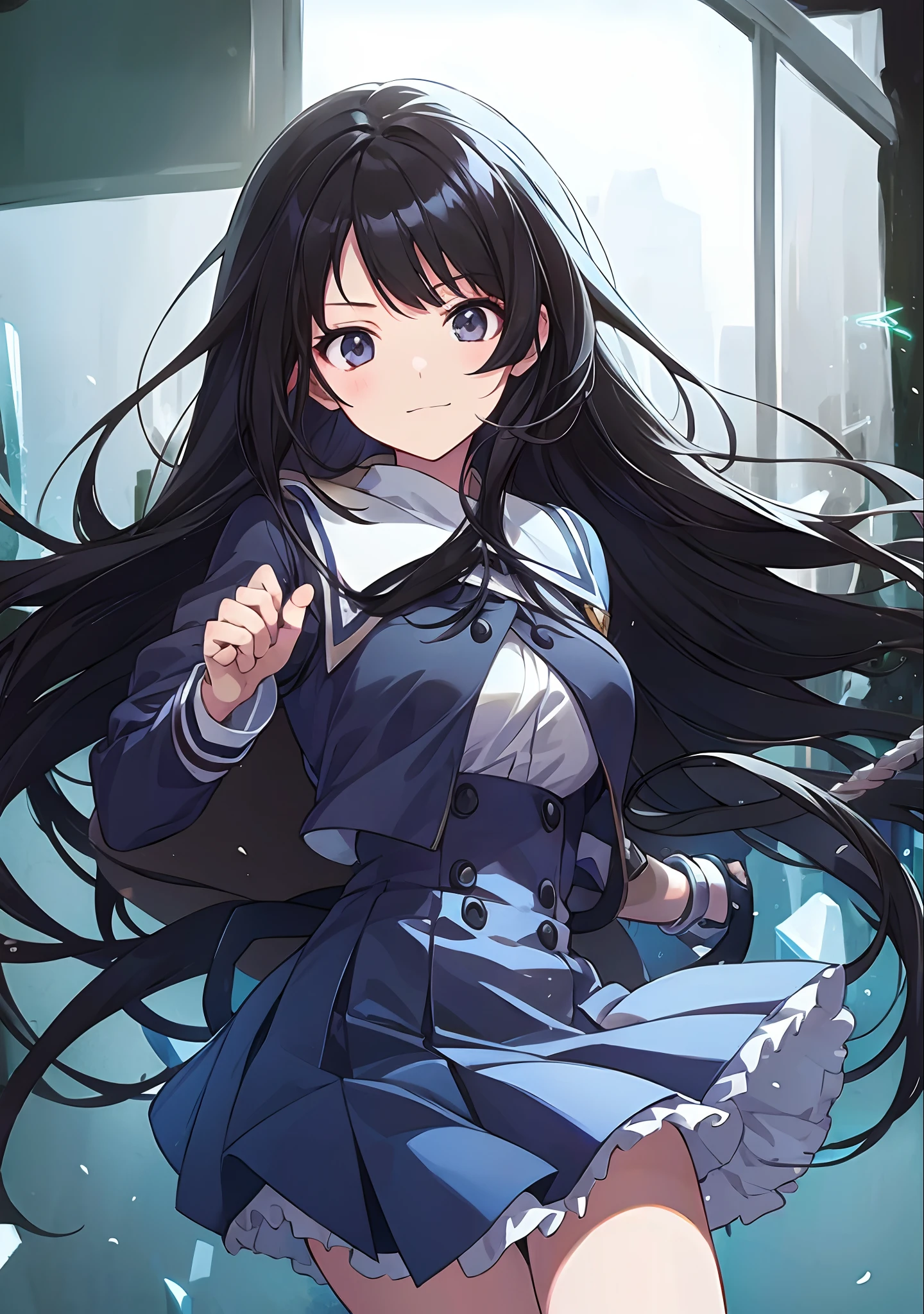 solo, (((anime girl with long black hair))), (light blue eyes), slight smile, school uniform, skirt, ((classroom in background)), ((high quality)), (extremely detailed)