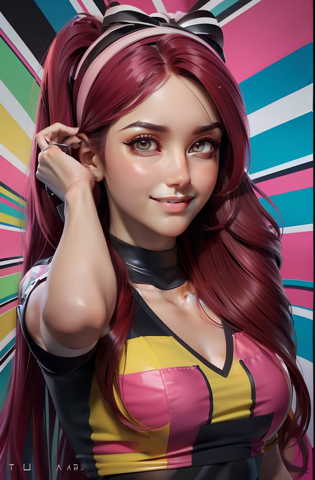 (RDB Dulce Maria,ultra detalhada,cabelo muito vermelho e Pink) ,(corpo inteir,SMILE,olhos,detalhes, (T SHIRT BRANCA ,PRETA e AMARELA), 256k