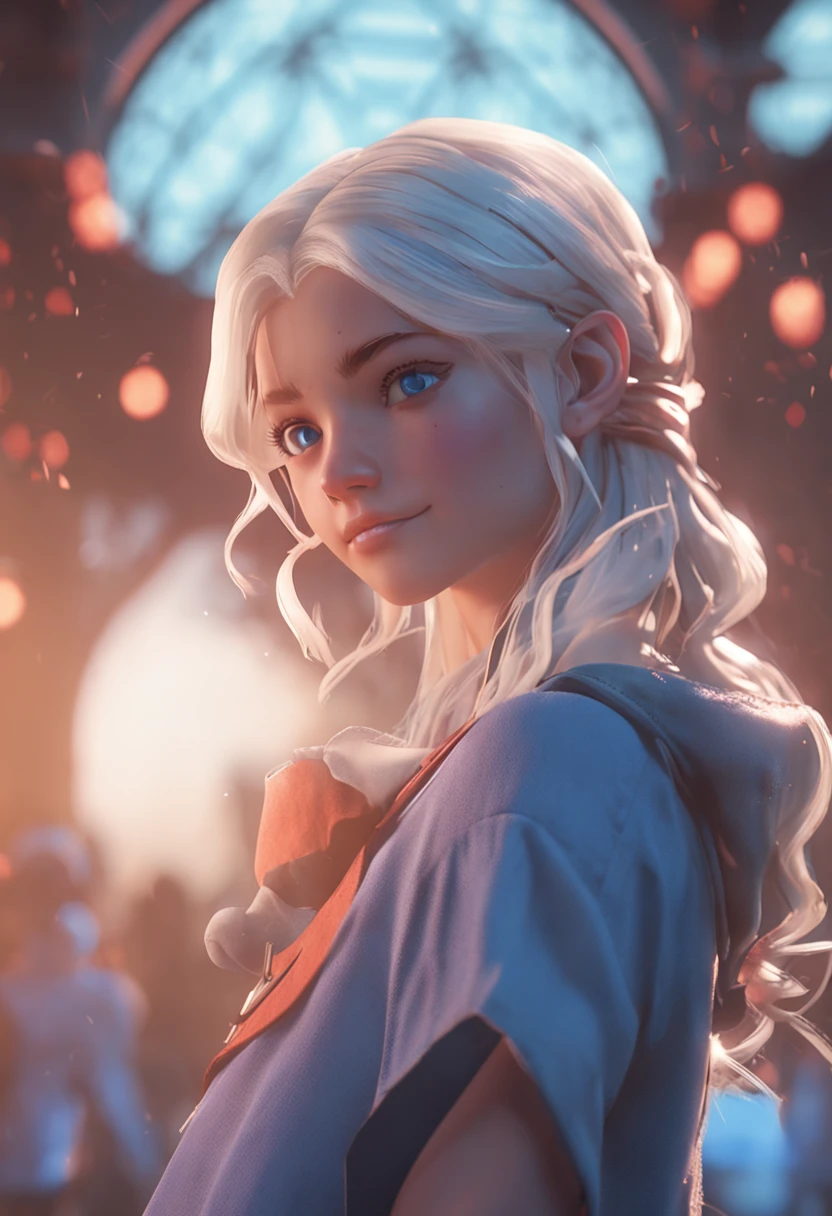 White hair, ssmile, libraryai, kosmos, anime big breast, Ray tracing, shadowing, Vignetting, hyper HD, Masterpiece, Best quality, 8K，blue color eyes，Retro，Peaceful demeanor，looking at book，teens girl