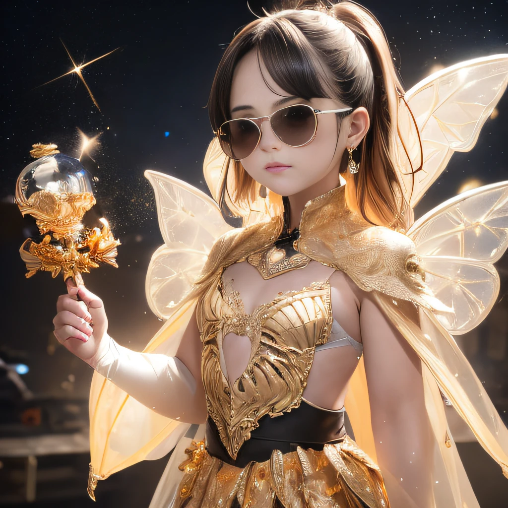 baton，Transparent wings，Magic wand，Wear thick gold-framed reflective sunglasses，32K（tmasterpiece，k hd，hyper HD，32K）Burgundy double ponytail，The Silver Skull Jewelry District in the backstreets，Indigo Skull King ，Skeleton protector （The skeleton is realistic：1.4），Skull pattern robe，Silver skull flower ornaments，Petals flutter，Colored ball head，Hold your head high，Be proud，The nostrils look at people， A high resolution， the detail， RAW photogr， Sharp Re， Nikon D850 Film Stock Photo by Jefferies Lee 4 Kodak Portra 400 Camera F1.6 shots, Rich colors, ultra-realistic vivid textures, Dramatic lighting, Unreal Engine Art Station Trend, cinestir 800，Hold your head high，Be proud，The nostrils look at people，Tsundere，Petals flutter，Petals flutter，Sprinkle with gold dust，Fluttering，Impeccable，( reasonable design, Clear lines, High sharpness,Best quality, Very detailed skeleton, The skeleton of a masterpiece, offcial art, movie light effect, 4K skeleton（（（Wear thick gold-framed reflective sunglasses）））Transparent wings，（baton）（Baton in hand）（Giant stick）baton，