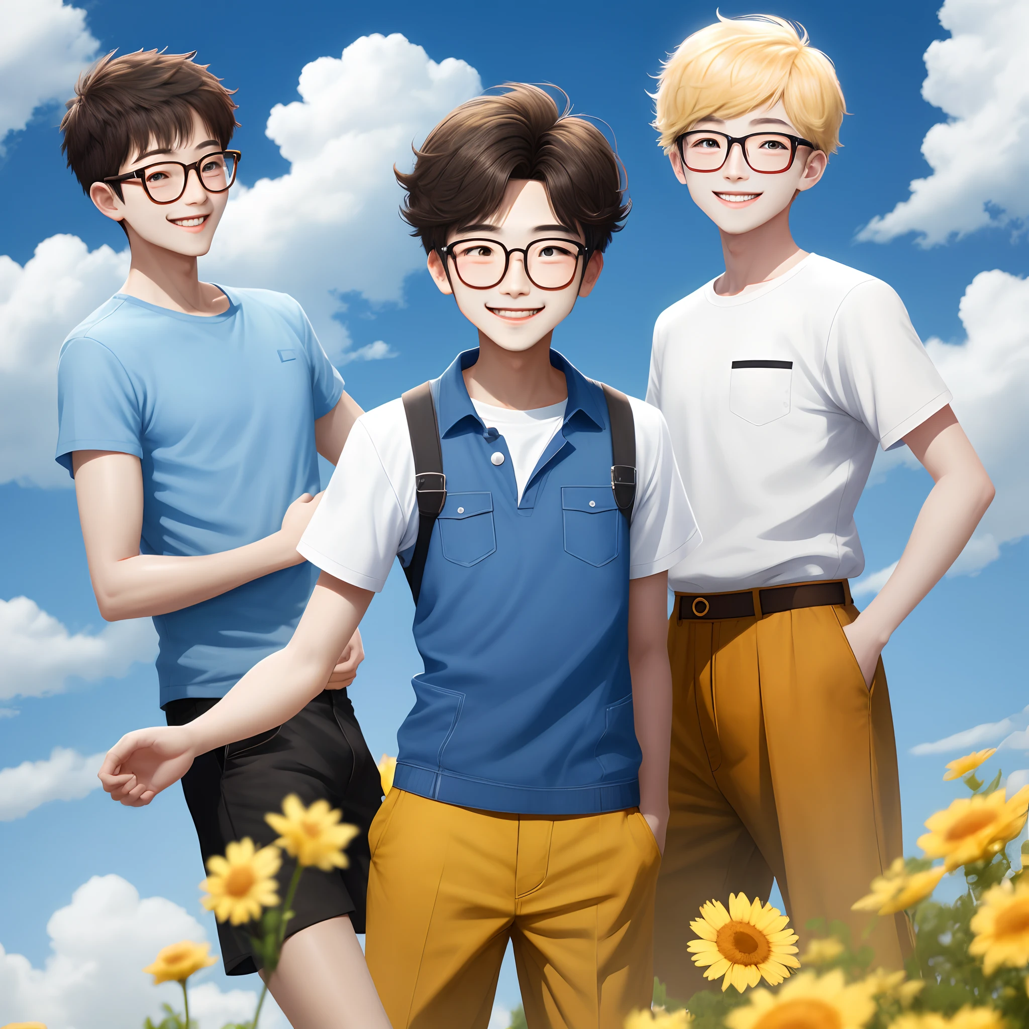Flat head sunny cheerful boy with glasses under blue sky and white clouds