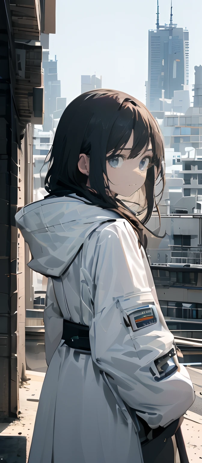 teens girl，A cold face，Wearing a white coat，Look sideways at me，Behind it is a deserted city