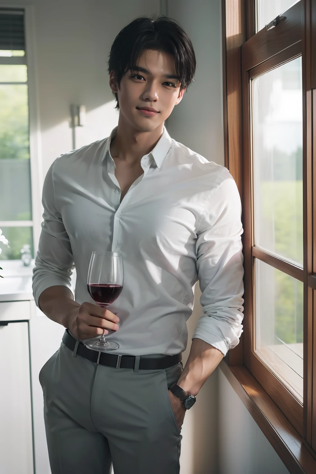 (absurderes, A high resolution, Ultra detailed, High-density imaging), Masterpiece, Best quality, 1boy , Handsome, Black and gray hair color，finely eye and detailed face, dimple, Light smile,Topless, White trousers,Holding a wine glass in his hand， Leaning against the window，The windows are open，The sun is shining outside the window，Lush trees，Sakura falls into the room，Lots of greenery in the room