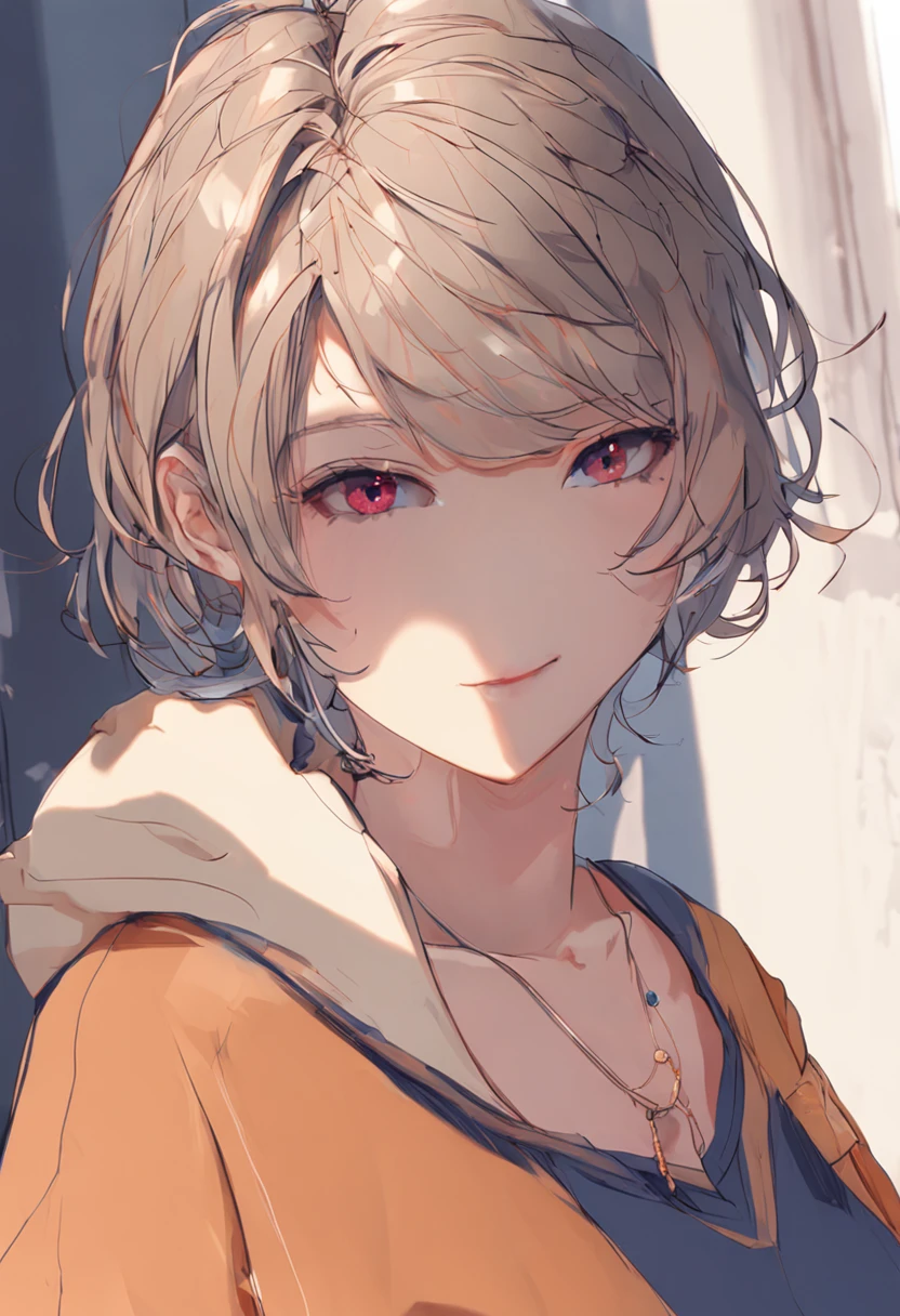 (top-quality、8K、32K、tmasterpiece、hyper HD:1.2)、Photo of a cute Japanese woman、(gigantic cleavage breasts)、Large full breasts、short-hair、The upper part of the body、sface focus、Oversized_Sweater、a necklace、simple background、from the above、looking at viewert、