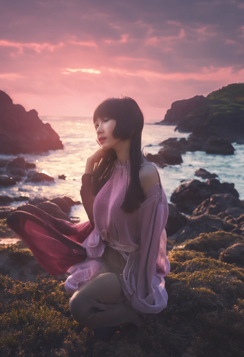 Ayane, cabelo roxo, (best qualityer, ultra detali), (realisitic:1.37), beautiful and detailed face, ultra-realisitic texture, 精致的面容, Delicate body, red lipgloss stick, long-lasting colors. High definition, 8k.