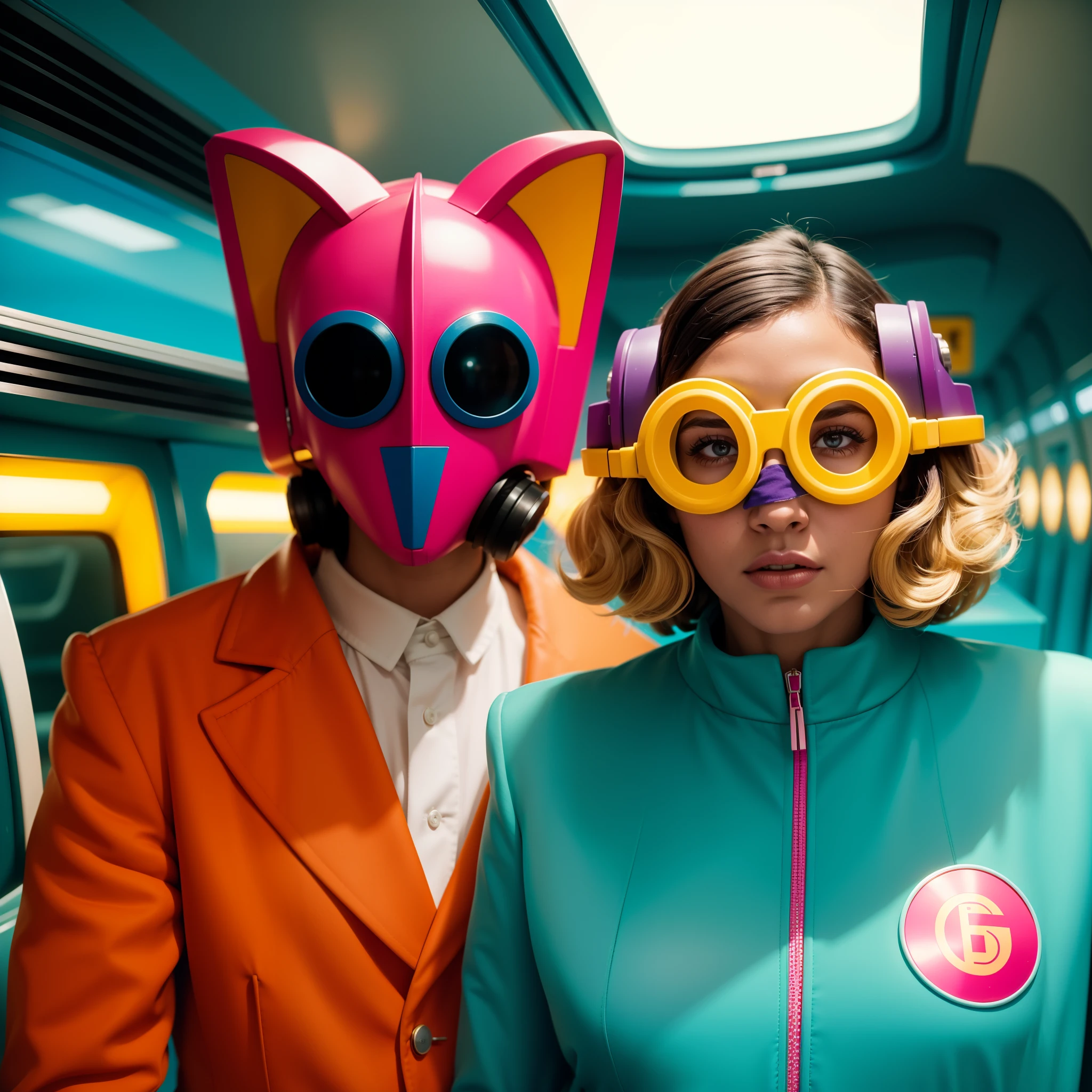 8k image from a 1970s science fiction film, imagem real, Estilo Wes Anderson, pastels colors, a man between two women wearing retro-futuristic fashion clothes and futuristic technological ornaments and devices, Luz Natural, cinemactic, Psicodelia, futurista estranho, retro-futurista, Foto premiada, intrincado, Sharp details,