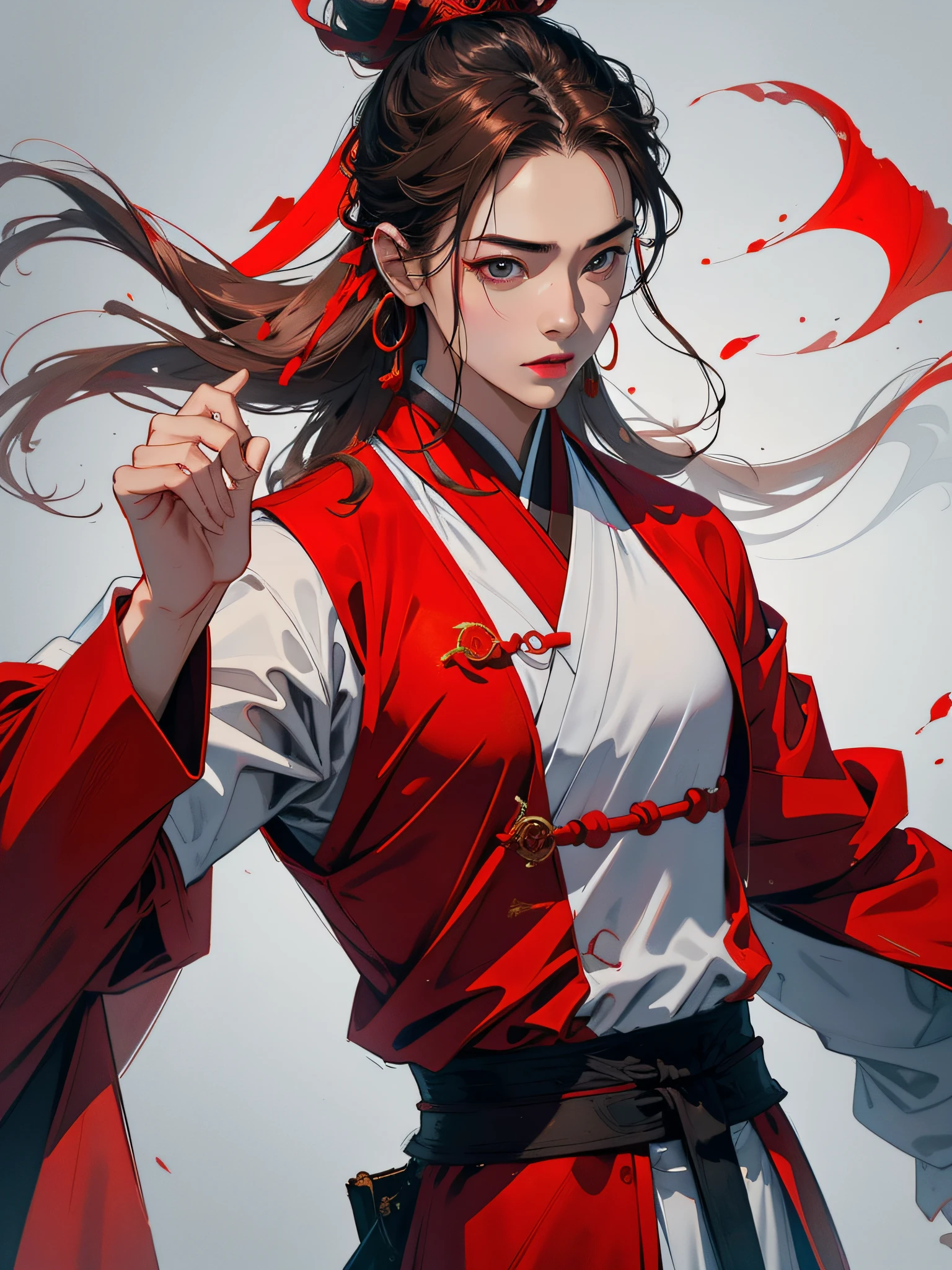 A womchemist of the Holy Fire Hall，Red dominant color picture，Make gestures with your hands in front of your chest，Face front，Portrait on itself，The expression is cold，Costume styling，Ancient Taoist priest modeling，The background is fire，Detail portrayal，wuxia-style clothing，Best picture quality