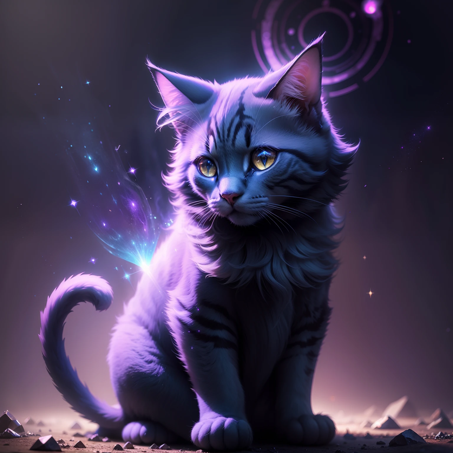 Mystical cat, otherworldly and etherial, shimmering sparkles all around, volumetric light, magical, mysterious, dreamlike, surreal, atmospheric, 4k