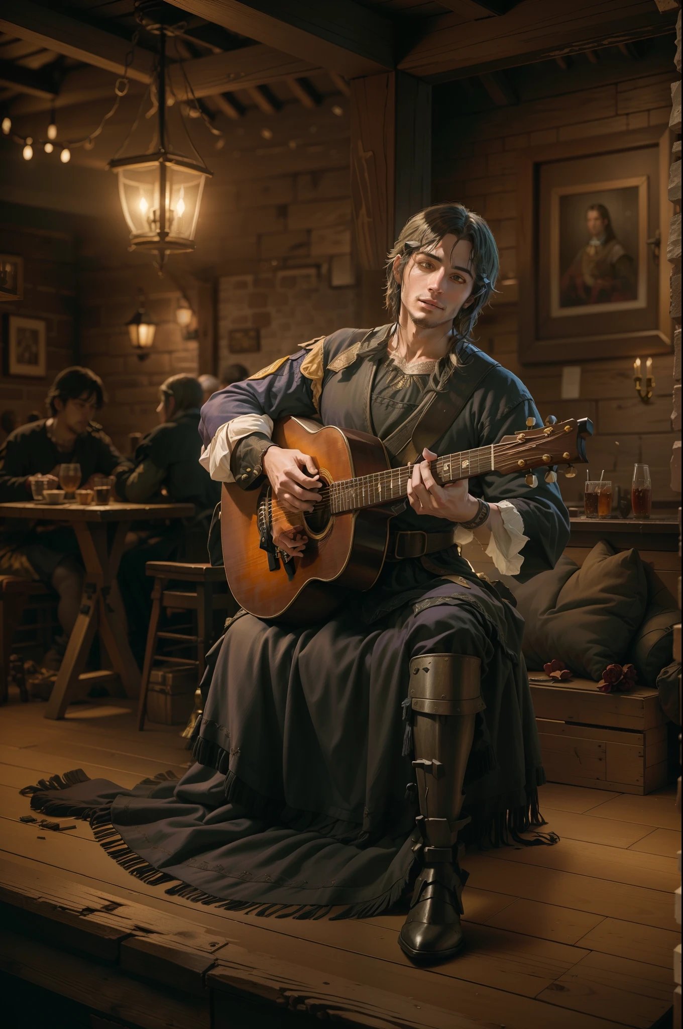 (masterpiece, best quality:1.2), Generate a photorealistic image of a handsomely attired musician, adorned in medieval garments with selective purple tones, captivatingly performing in a rustic tavern setting. Illuminate the scene with natural light to evoke an authentic ambiance. Emphasize intricate details that showcase the musician's charisma and skill, while highlighting the tavern's historical charm, all combining to create a vibrant and enchanting atmosphere.