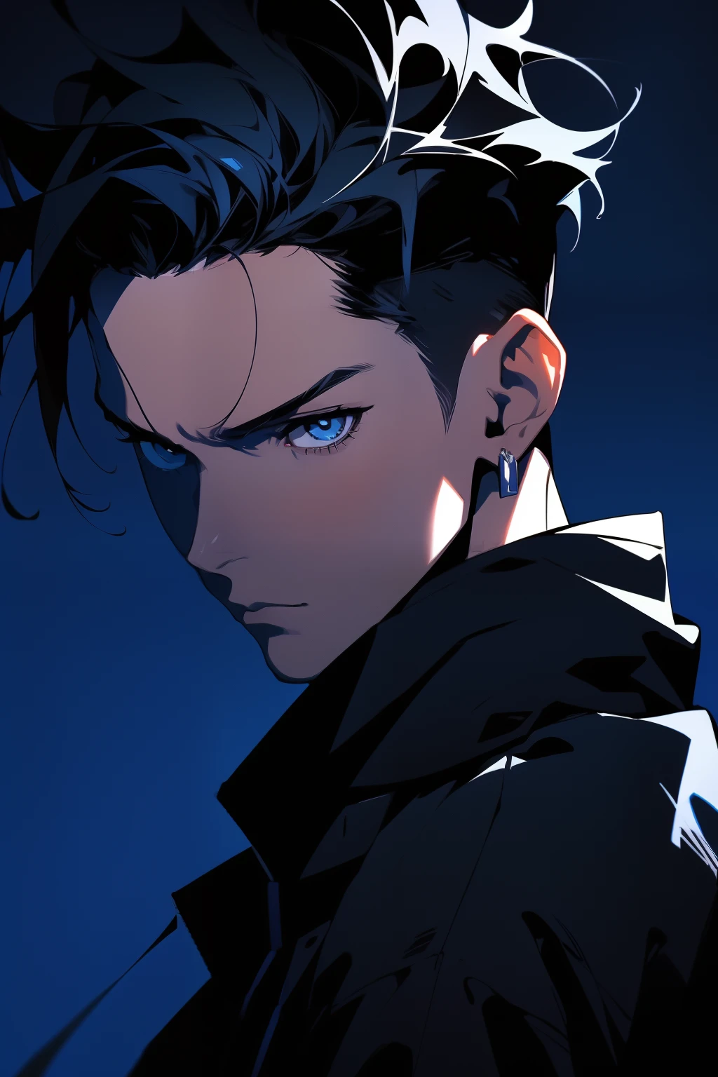 Close up of a man with black hair and blue background, a character portrait inspired by Yanjun Cheng, Tumblr, serial art, Tall anime guy with blue eyes, Anime portrait of a handsome man, Stunning anime face portrait, Male anime style, Anime handsome man, male anime character, young anime man, handsome guy in demon killer art