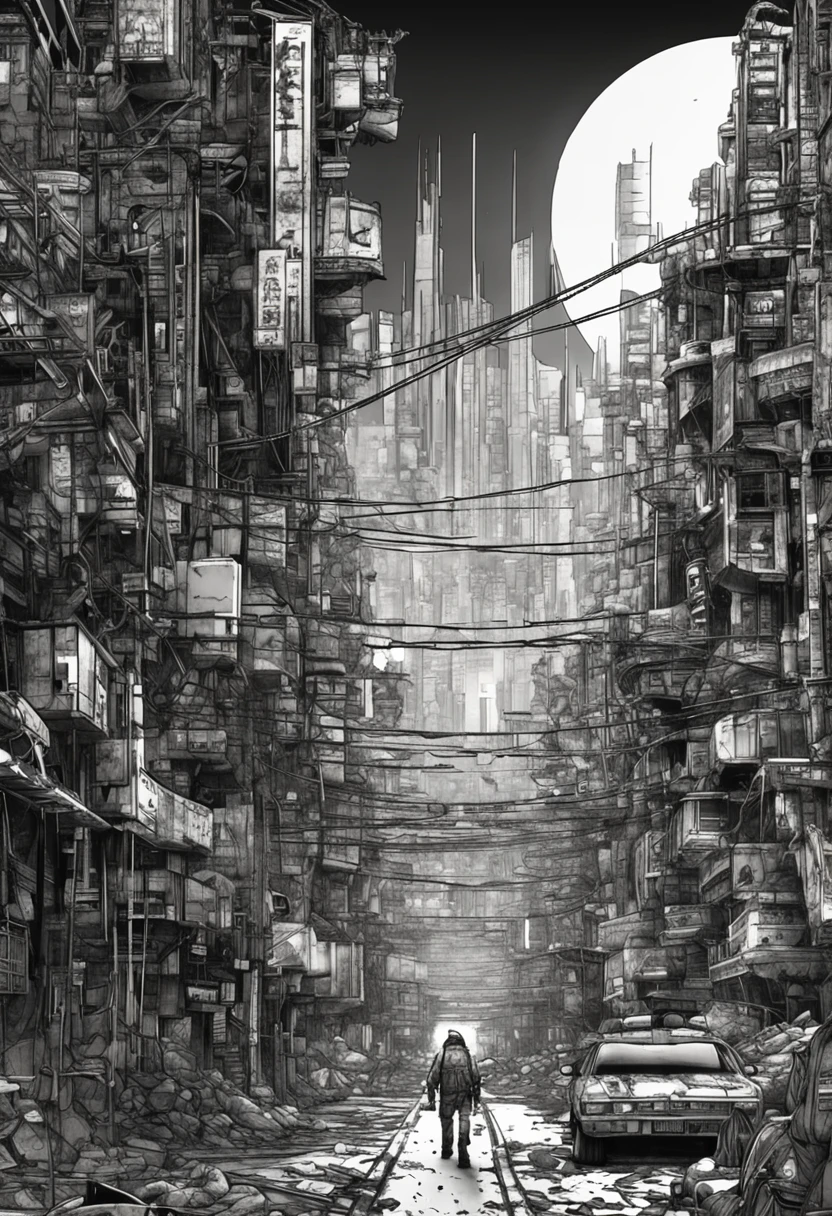 top-quality, masterpiece, a picture, 4K, Photorealista, ighly detailed, 3D Maps, tech wear, cyberpunkcity, Solo, futuristic, Huge moon in the background2One, black and white, by Akira Toriyama, bladerunner、AKIRA