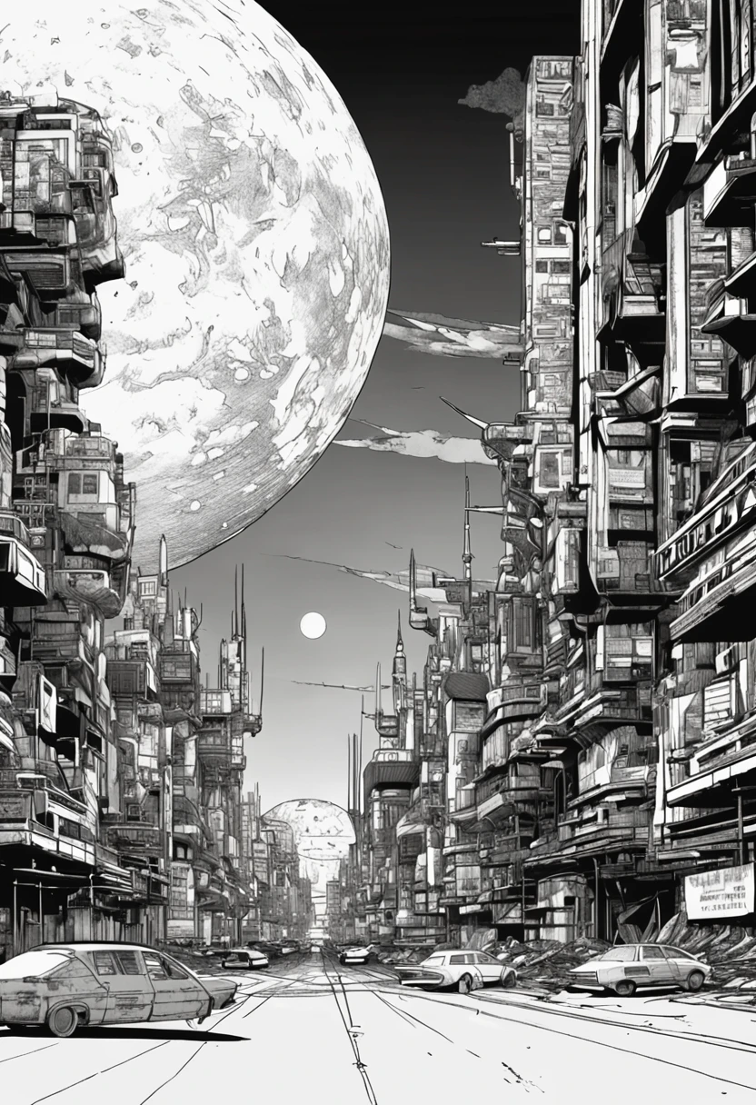 top-quality, ​masterpiece, a picture, 4K, Photorealista, ighly detailed, 3D Maps, tech wear, cyberpunkcity, Solo, futuristic, Huge moon in the background２One, black and white, by Akira Toriyama, bladerunner、AKIRA