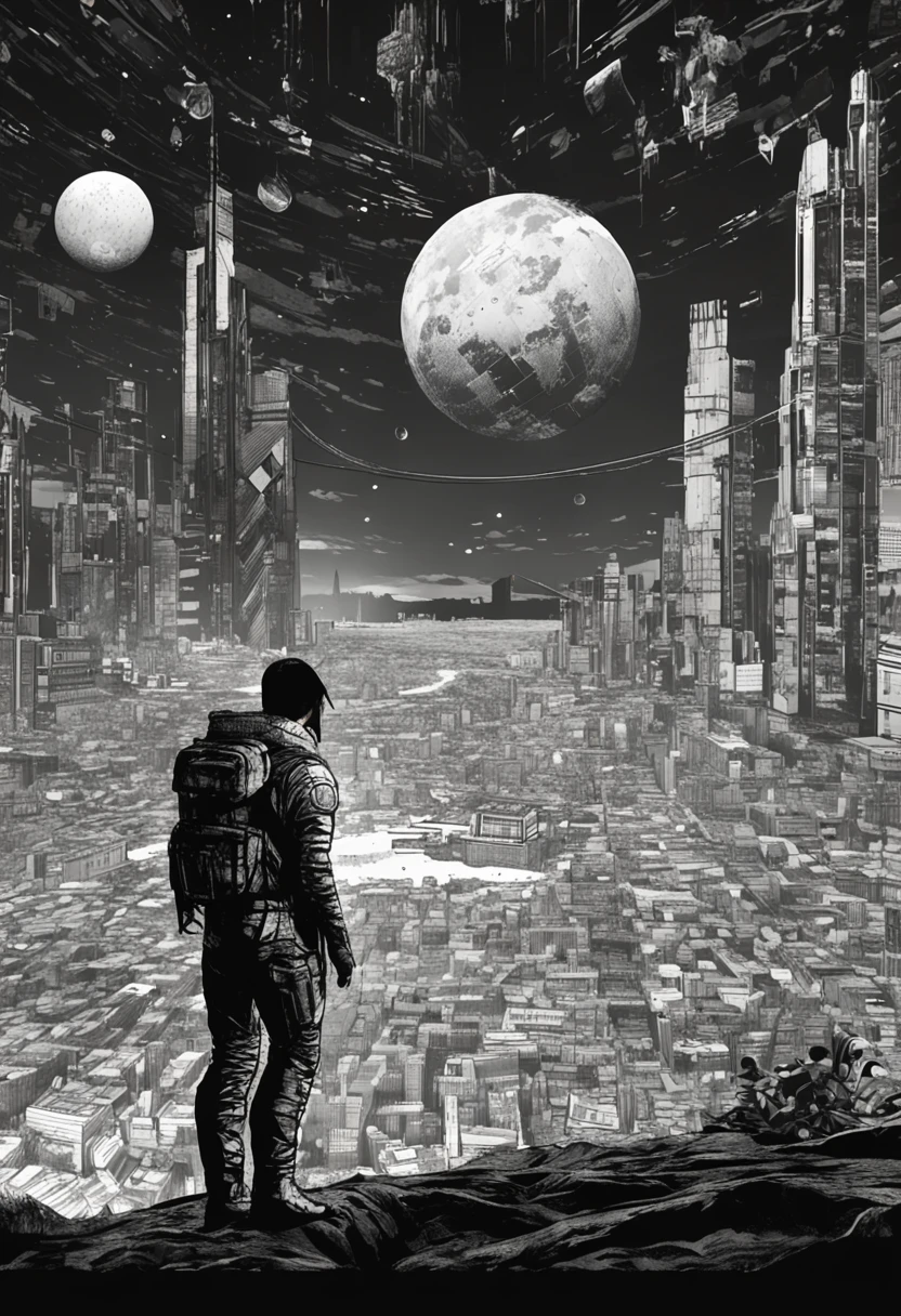 top-quality, masterpiece, a picture, 4K, Photorealista, ighly detailed, 3D Maps, tech wear, cyberpunkcity, Solo, futuristic, Huge moon in the background2One, black and white, by Akira Toriyama, bladerunner、AKIRA