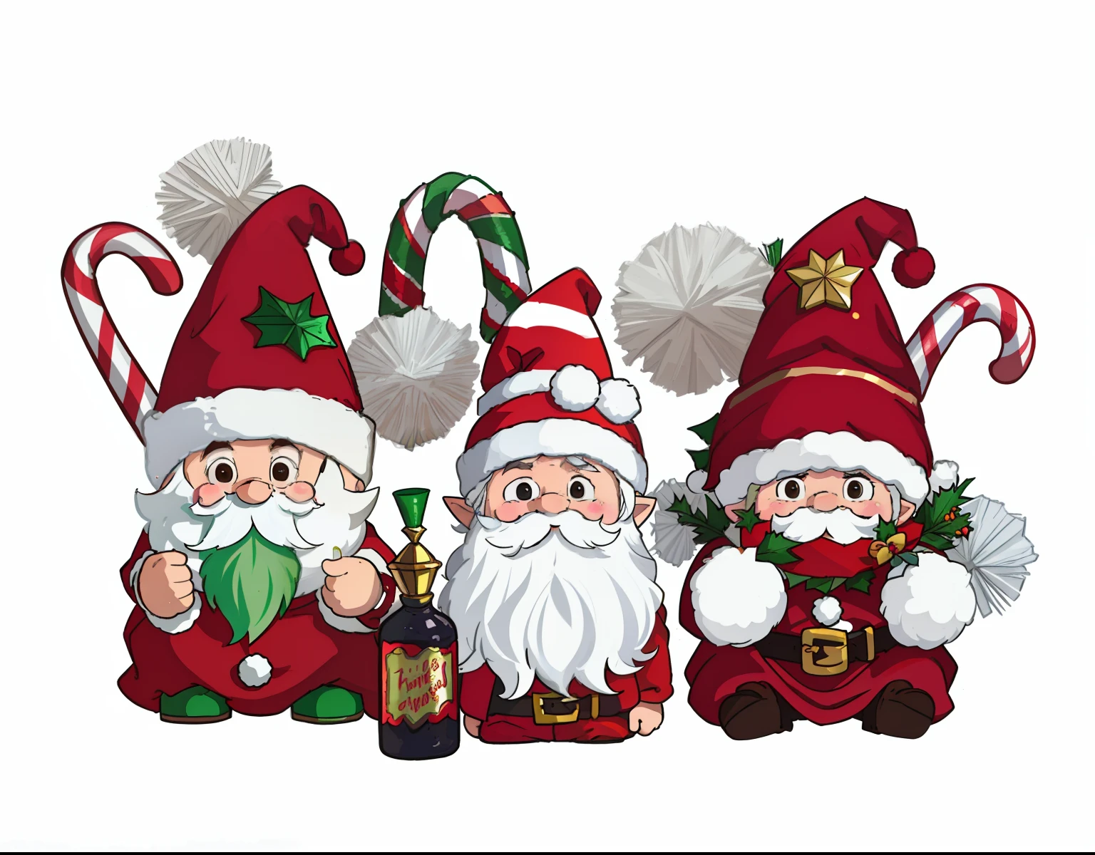Three Christmas gnomes with candy cane and candy cane, santa, Elves, Official product photo, candy decorations, high resolution product photo, Funny, Santa Claus Studio, 3 Characters as winter spirits, festivity, author:Alexander Giemsky, The elf sat on the sofa, author:Elaine Hamilton, Give other gnome flasks, fallas party figures, santa