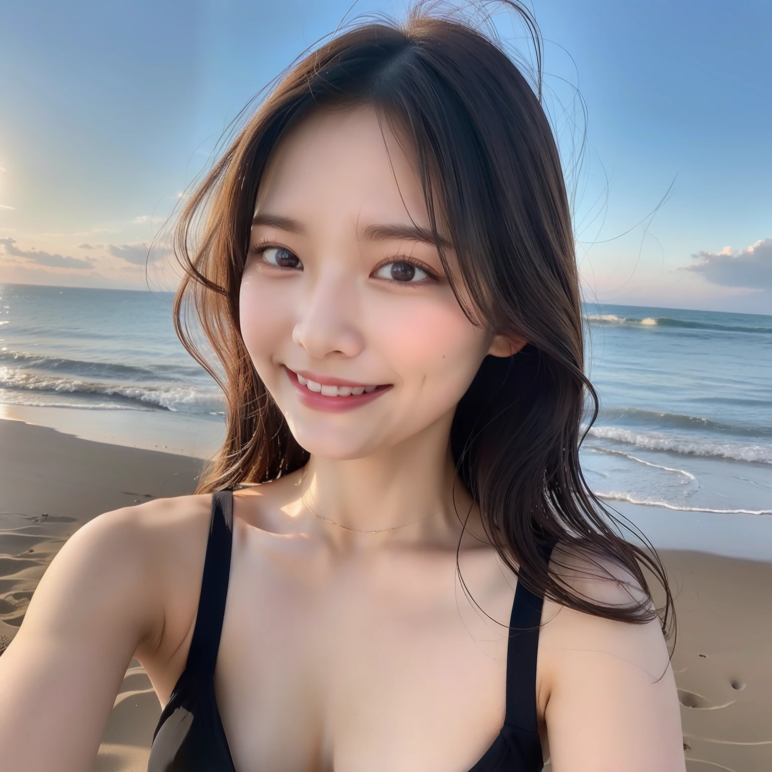 18year old、kawaii、tall、a smile、sand beach、Hands are out in front、White bikini