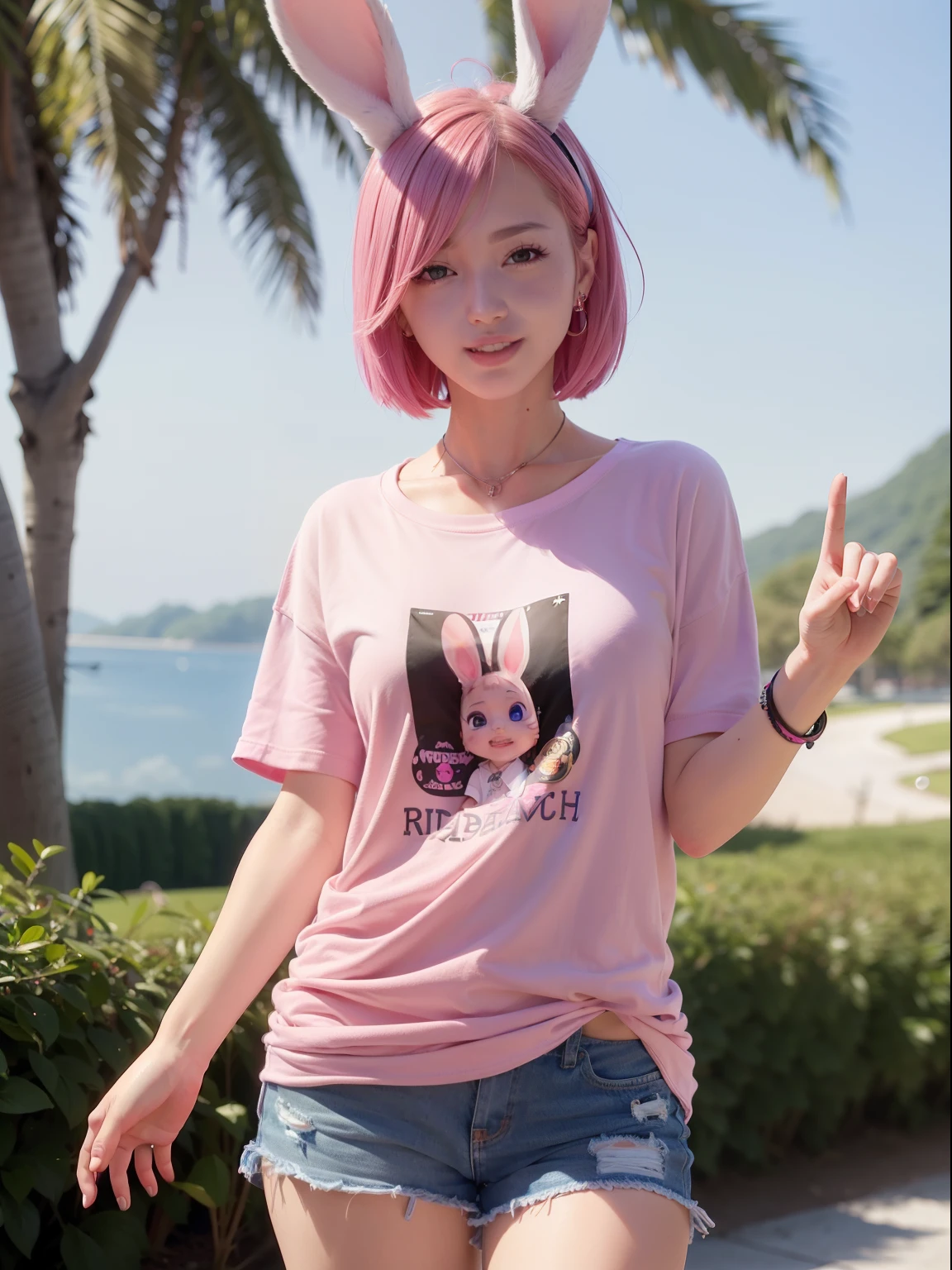 Large T-shirt、Pink shorts、Knee-length T-shirt、Pink T-shirt、Pink Shortcut Bob、Realistic rabbit ears、rabbit ears pink hair sticking out of the head,,,,,,、Beautiful shaped hands、K-POP、Pink rabbit ears、1 girl in、独奏、masterpiece、top-quality、realisitic、Hyper-detailing、(Glossy skin:1.4)、Lustrous smile、Smiling eyes、Smiling lips、absurderes、Looking at the camera、short pink hair、red eyes、Red Eyes、Slender beauties、动态照明、hight resolution、foco nítido、depth of fields、Detailed eye、Sharp eyes、Realistic eyes、(thick thight:1.0)、small tits、Beautuful Women:1.4、Slender Abs:1.2、((Short-cut bob hair))、((k pop:1.3))、Highly detailed facial and skin texture、((魅惑的))、Anatomically correct number of fingers、Clean nails、Correct anatomy、Beautiful AI beauty with pink short bob hair and rabbit ears