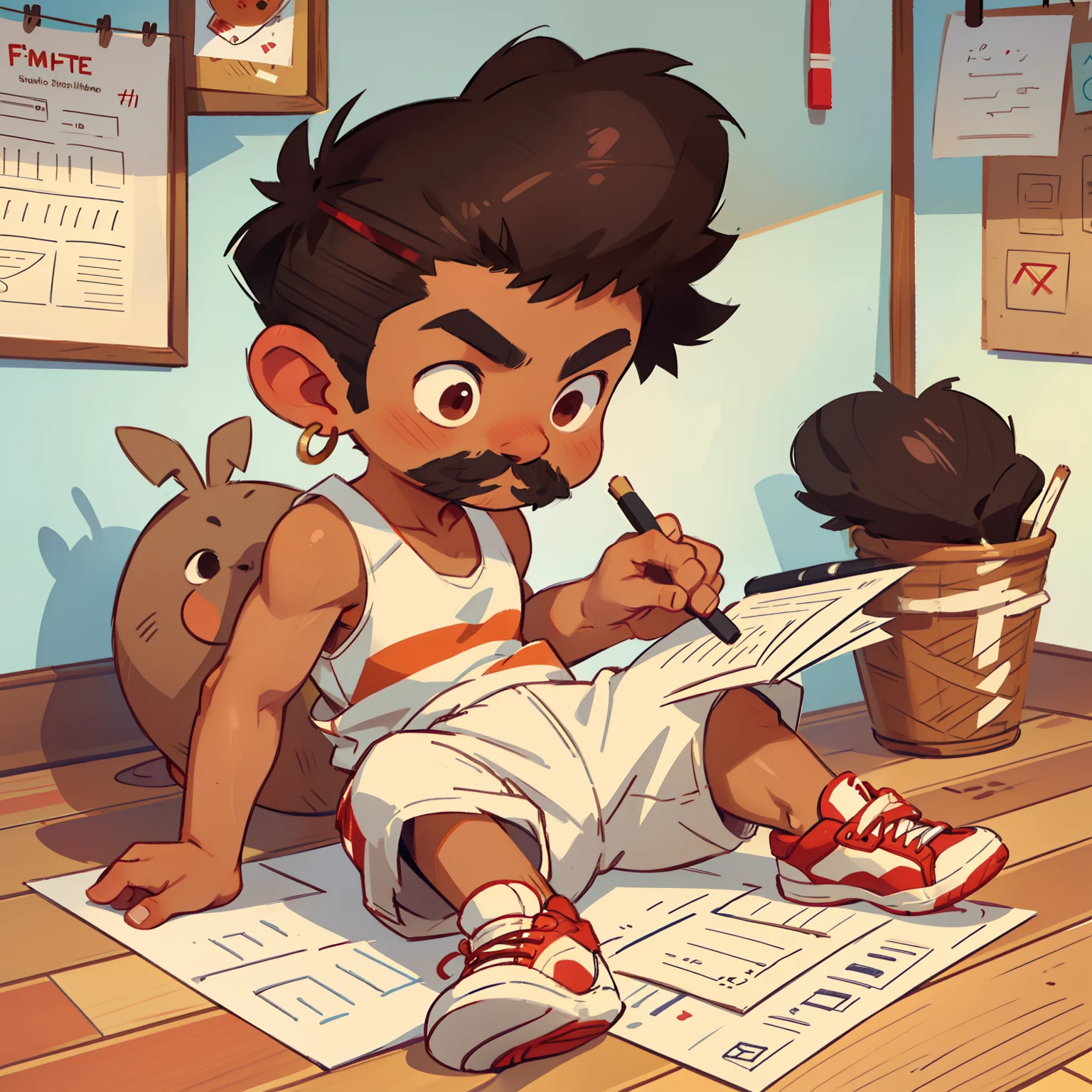 A brown-skinned Latino boy, short, shaved hair on the sides, small hoop earrings, wearing a mustache, white tank top and jean shorts, white socks with red stripes and black sneakers. Holding colored pencil and brush, several sheets of paper drawn on the floor. A cute little red monster with horns in the background