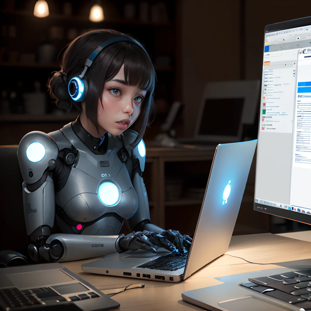 Robot talking to girl from laptop screen