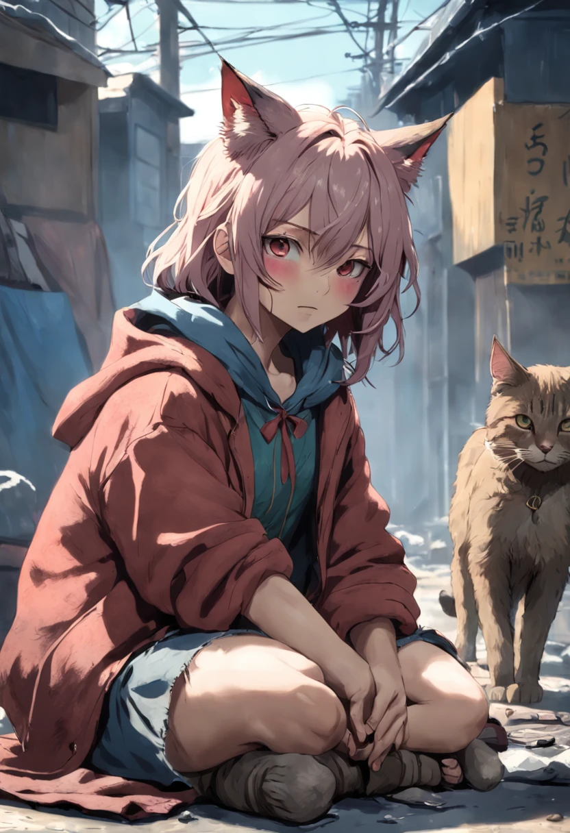 dirty homeless hobo 30 years old catgirl in the style of live-action silent hill movies, stained homeless mature woman with two cat ears