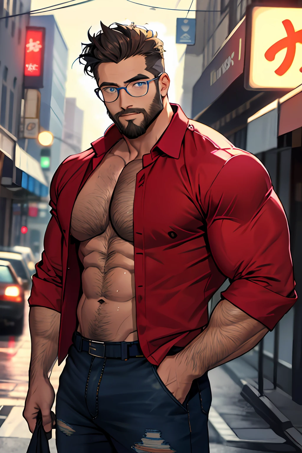 Looking at the viewer, blue eyes, trimmed beard, eye glasses