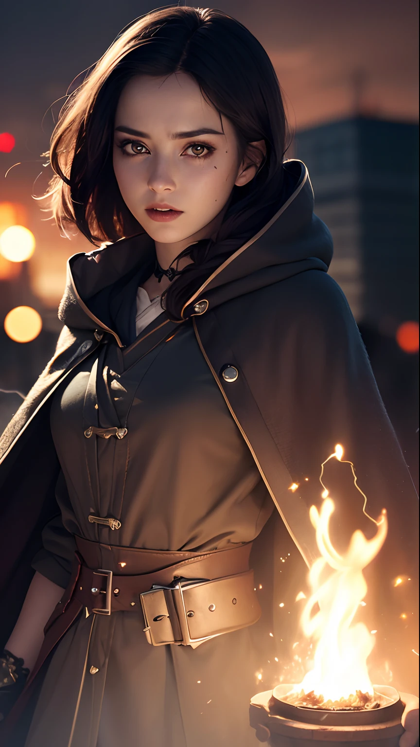 Attack on Giantess , a reference to the Japanese Attack on Giant. Giant View 8k (skindentation:1.5), realistic, realistic, (masterpiece:1.5), concept art, intricate details, highly detailed, realistic, octane rendering, 8k, unreal engine, dynamic pose, best quality, high resolution, (realistic face:1.1), (hyperreal:1.1), ((full_body)), perfect eyes, (shiny skin: 1.2), ((hairstyle)), ((((hairstyle)), ((( Perfect hands))), (very detailed background), ((dynamic background) ), ((lightning), (lightning), ((1girl)), wearing a cloak, (((flowing cloak))), ((detailed eyes, high quality eyes, high quality face)), (extremely complex robes, magic robes), short hair, cast lightning, electricity, rotating flame, radiant force, sparks, smoke, magic, ((dramatic)), epic, battlefield, depth of field, bokeh, 4k, gothic, Ashes, particles
