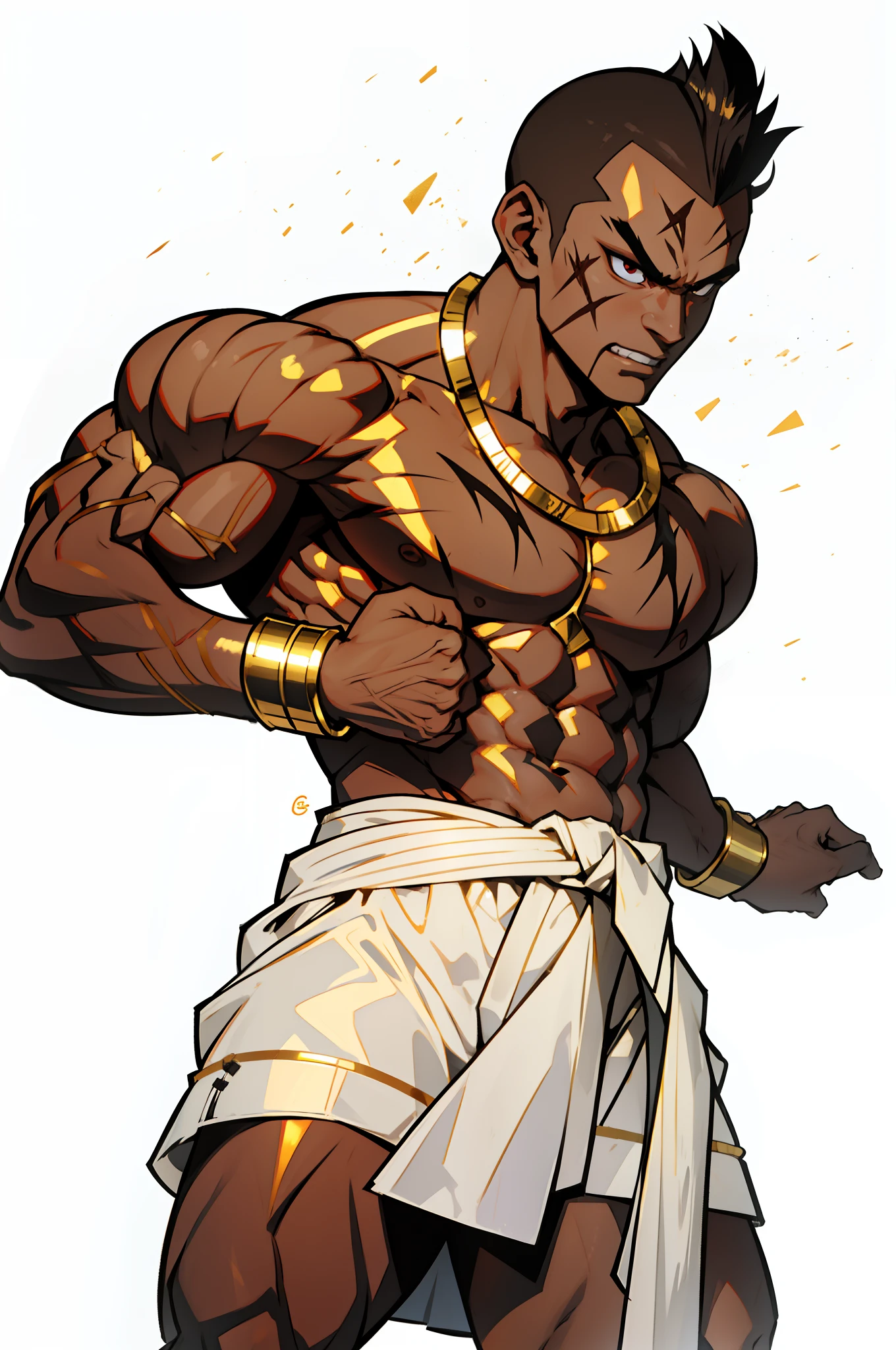 southeast asian man, Khmer warrior, man, royal, fighter, full body of the image, perfection and accurate picture, full body to toes and feet, topless, shirtless, dark brown chocolate skin tone, street fighter, random boxing pose, mohawk buzzcut hairstyle, fat, scars all over the body and the face, golden wristband bracelet, golden ankle bracelet, golden necklace collar, wearing jewelry, wearing white belt sash, angry, mean, menacing, wearing white boxing shorts, golden ear gauges, face paint, all clothes white, all white background,