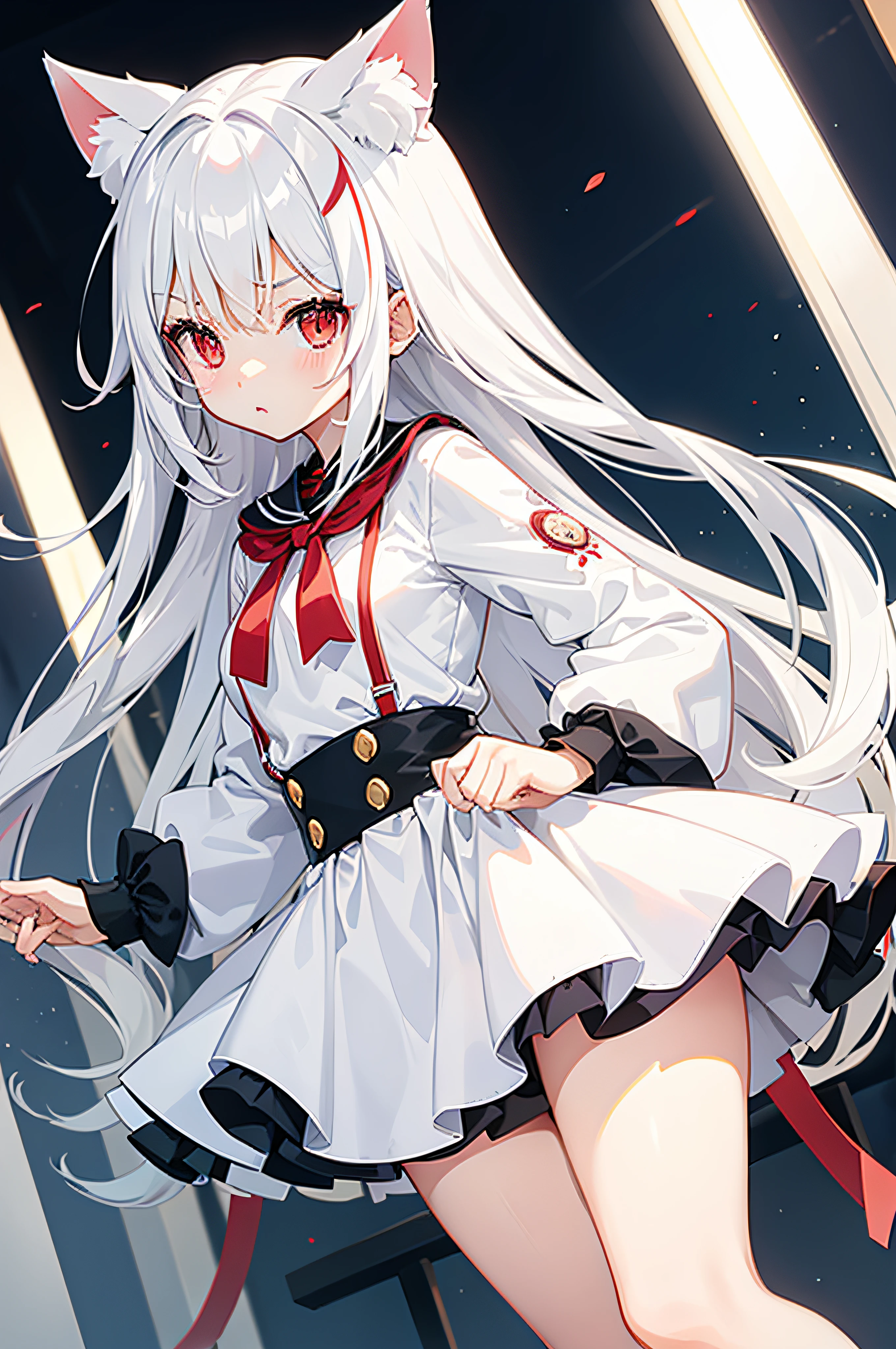 Cat-eared girl，Red eyes and white hair，Cute loli figure