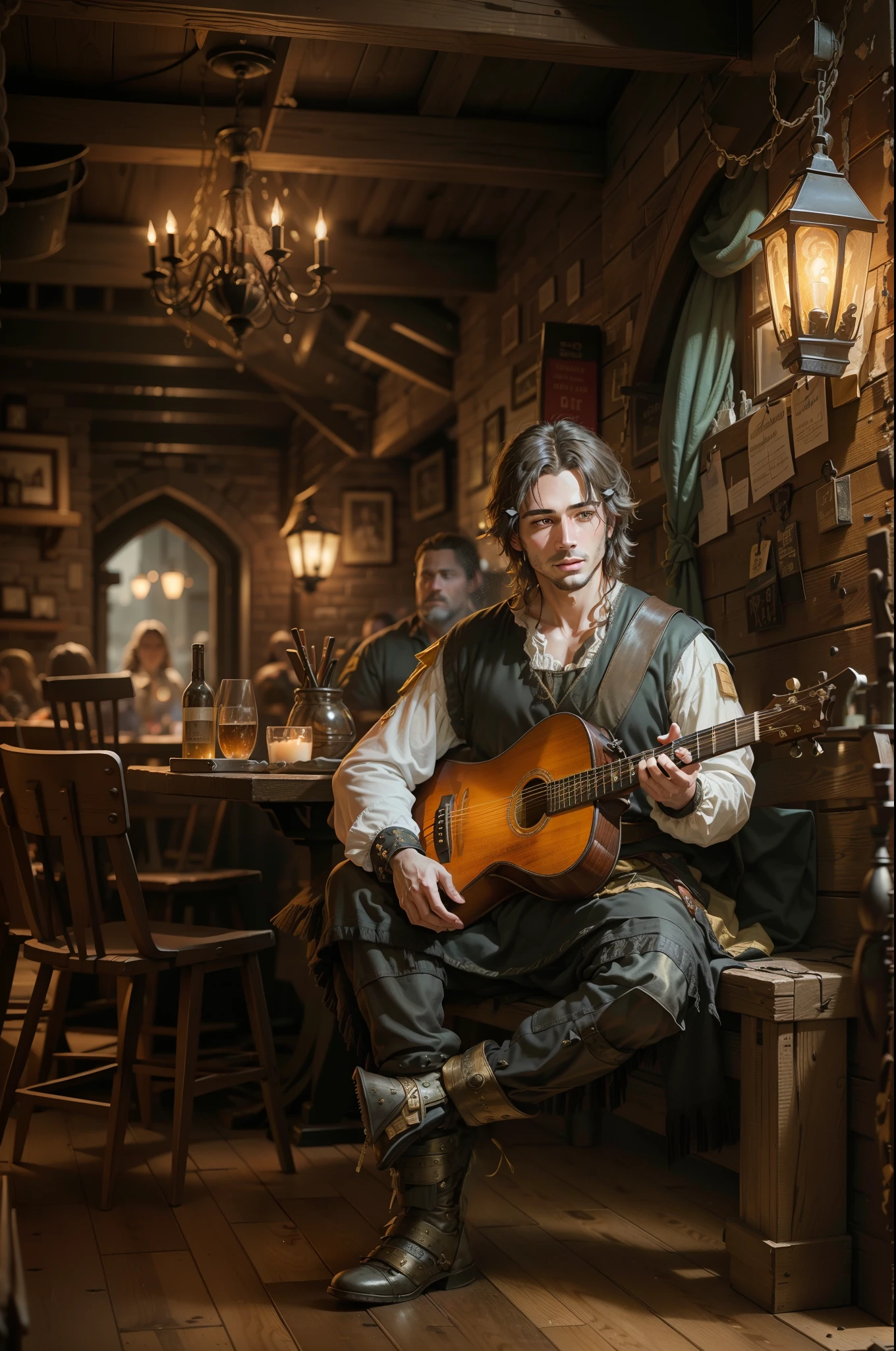 (masterpiece, best quality:1.2), Generate a photorealistic image of a handsomely attired musician, adorned in medieval garments with selective purple tones, captivatingly performing in a rustic tavern setting. Illuminate the scene with natural light to evoke an authentic ambiance. Emphasize intricate details that showcase the musician's charisma and skill, while highlighting the tavern's historical charm, all combining to create a vibrant and enchanting atmosphere.