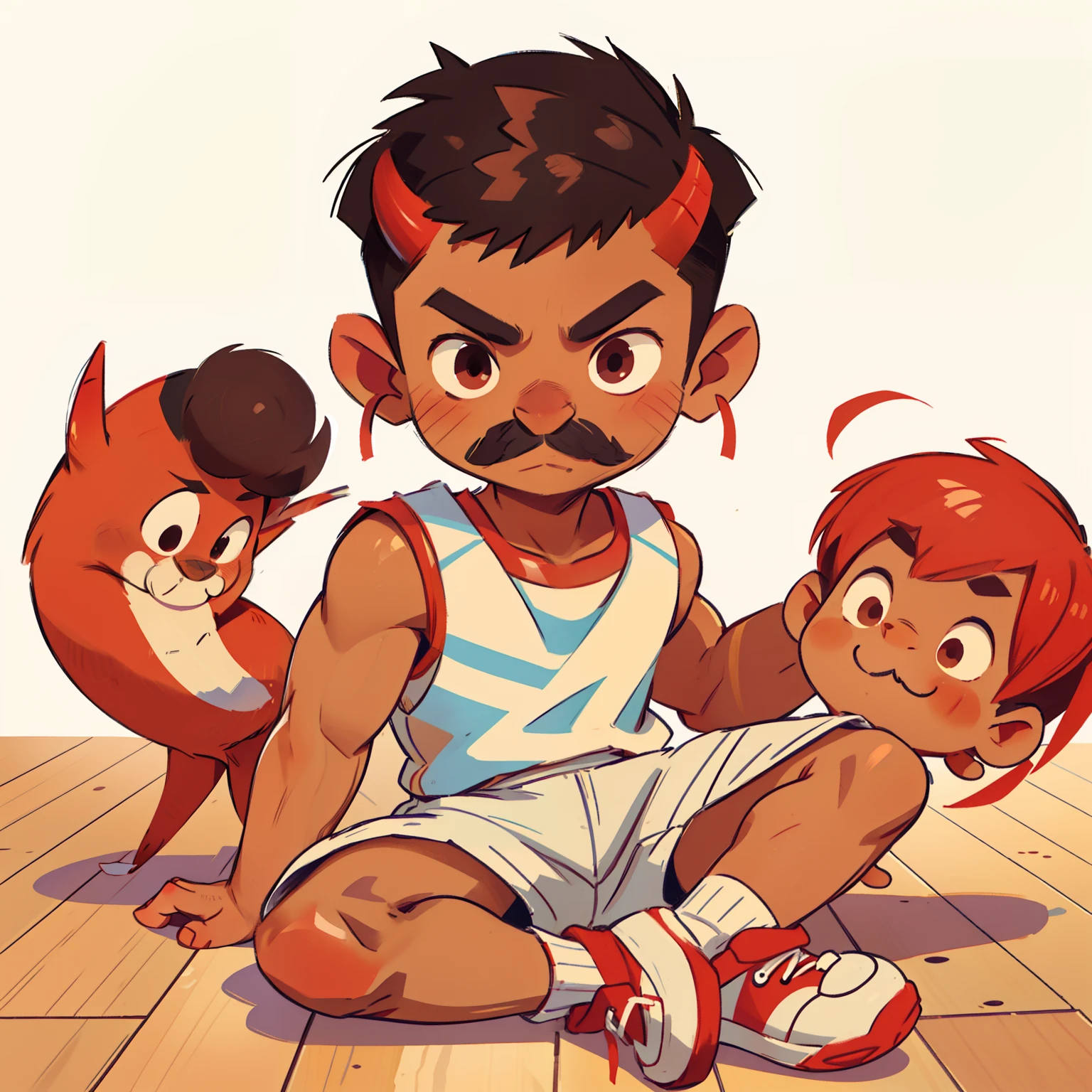 A brown-skinned Latino boy, short, shaved hair on the sides, small hoop earrings, wearing a mustache, white tank top and jean shorts, white socks with red stripes and black sneakers. Holding colored pencil and brush, several sheets of paper drawn on the floor. A cute little red monster with horns in the background
