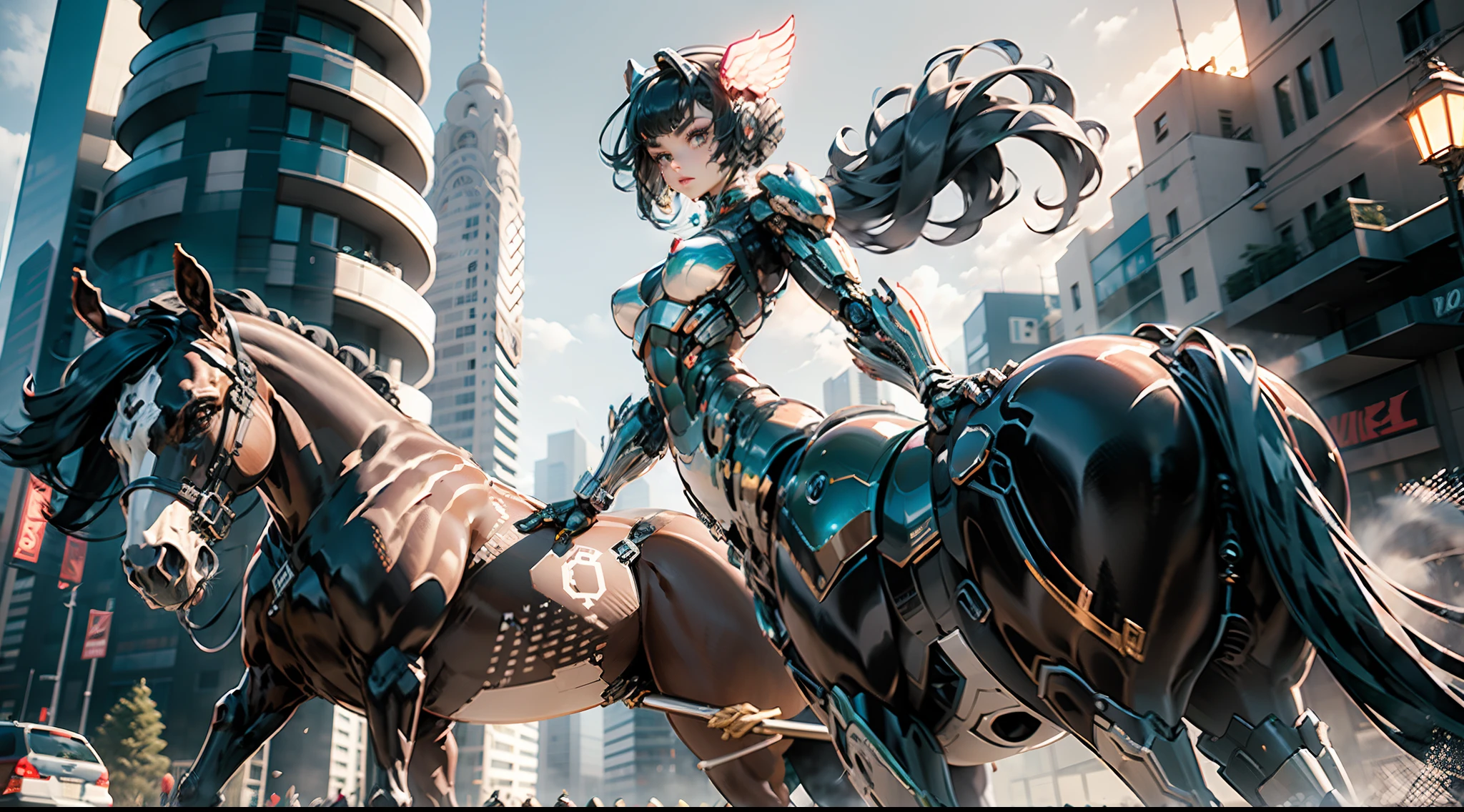 A female centaur,She is famous in the multiverse,She is both a female centaur, half human, half horse, half horse,It is also a female Yingzhao。She blends both images,The first is:((The head of the horse/neck/Shoulder these parts,Replaced with a beautiful female human upper body):9.9),of females are half-centaurs, half-horses, half-humans,The second is:((The head of the horse/neck/lower back/hason/gluteal/Shijo Thigh Female Embodiment):9.9),'s((Female half-horse with beautiful woman's):9.9,Chimer):9.9),(It's like a female human wearing a half-horse-like costume and making a seamless chimera:9.9),This chimerization is based on powerful futuristic technology。The ultra-wide-angle lens captures the image of her beautiful and ethereal wings on the ionosphere launching a super-high-speed charge and leaping。Her front half is distinctly feminine,Tall sexy body,possessed(K cup giant coconut tit chest:9.9),It has a small man's waist butterfly straddling(Long legs:9.9),The embedded interface of the half-horse part of the bent feminine state of the back half of the body is in the hip position。(The horse-shaped, half-horse torso form of her back body is completely female humanization9.9)。The chest cavity of a woman in the shape of a bent dog style embedded in the lower back position of the beautiful woman's body starting from the upper part of the sternum/lower back/Ventral transverse。Then there are the sexy beauty's upright hips,(Her entire body has been completely female and replaced by a female body:9.9),Including the half-horse part。Mechanized armor covers the legs with knee-shaped anti-joints and feet,And these parts are highly anthropomorphic,This makes her legs graceful and slender,Her four horse legs exploded in length proportions and was slender and toned,Under the legs are skinny white feet dressed in Skyscraper Heels,Use Midjourney's advanced stroke tools and color palettes, as well as texture packs, model packs, and texture tools,Concentration,Include all parts of her