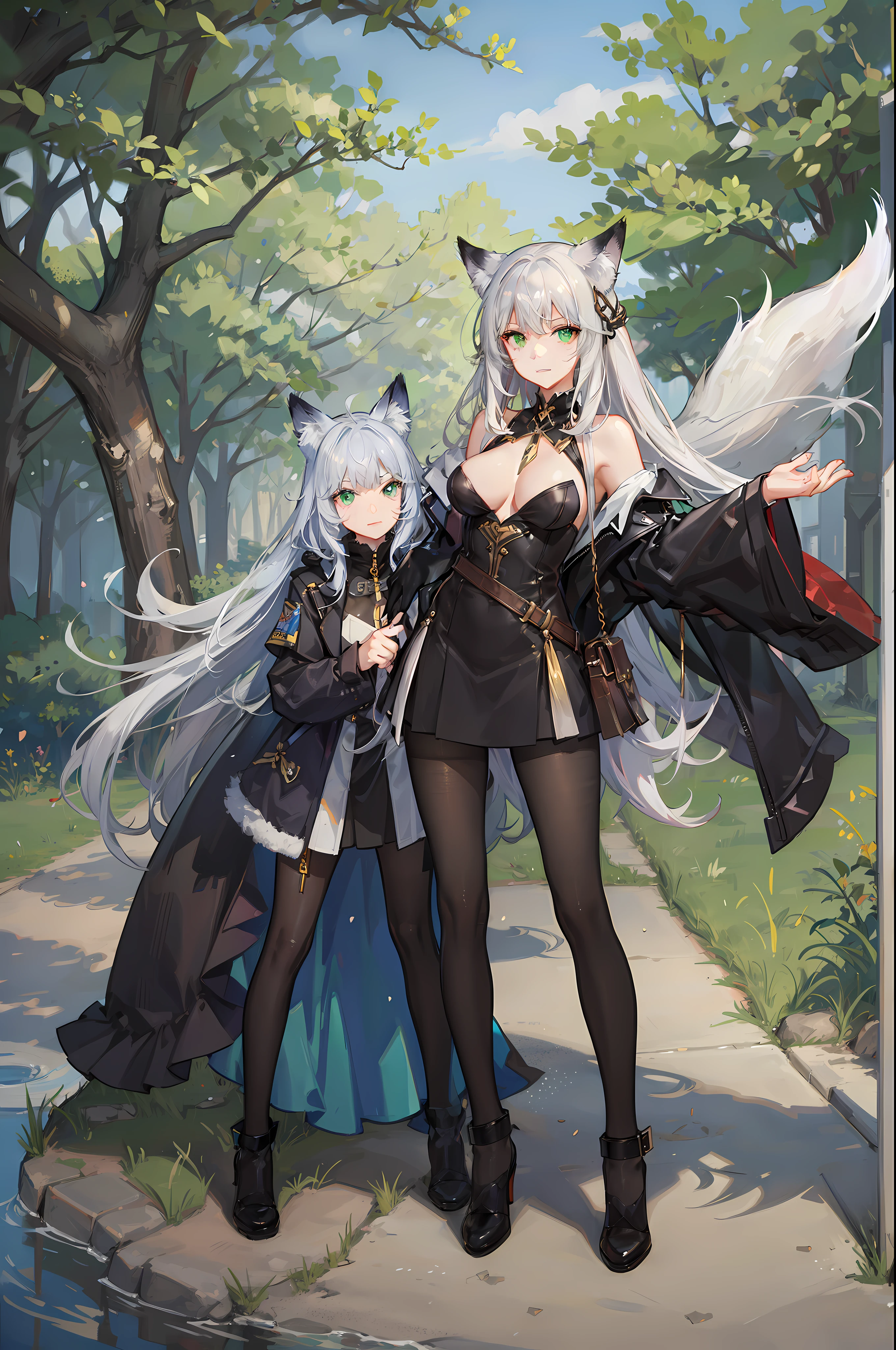 one woman, fox ears, fox tail, silver hair, green eyes, big breasts, leather, see-through, pantyhose,