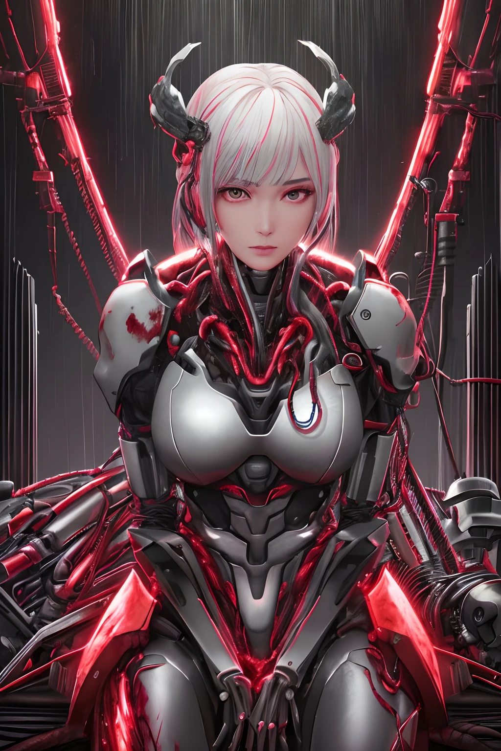 1机械女孩, Full field of view image, A sexy pose, (((hyper realistic detailed)), globalillumination, Shadows, rendering by octane, 8K, ultrasharp, metal, Intricate, detailed ornaments, Cool colors, egypician detail, highly intricate detail, Realistic light, trend in CGSociety, Bright eyes, front-facing looking at camera, neon light detail, Mechanical limbs, blood vessels attached to the tube, Mechanical vertebrae attached to the back, mechanical cervical attaching to neck, Sitting, Wires and cables connected to the head on rainy nights.
