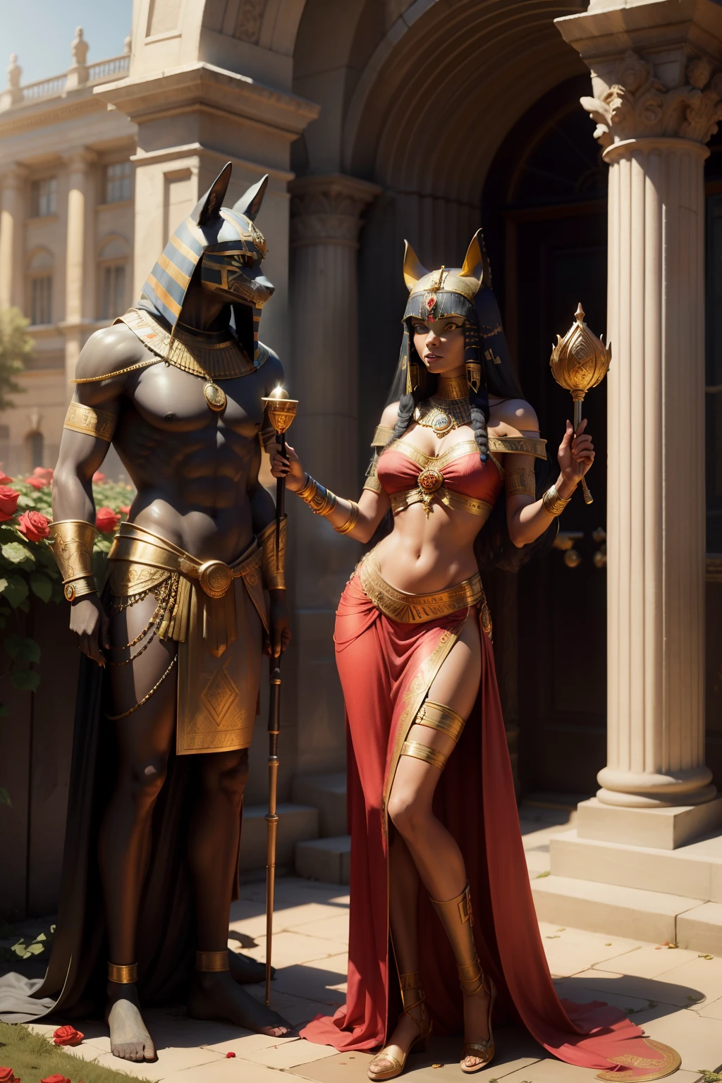 quadratic element,london,Under the sunlight,Red roses all over the ground,A Cleopatra woman holds a scepter and rests her treasure on the shoulder of a strong Anubis man