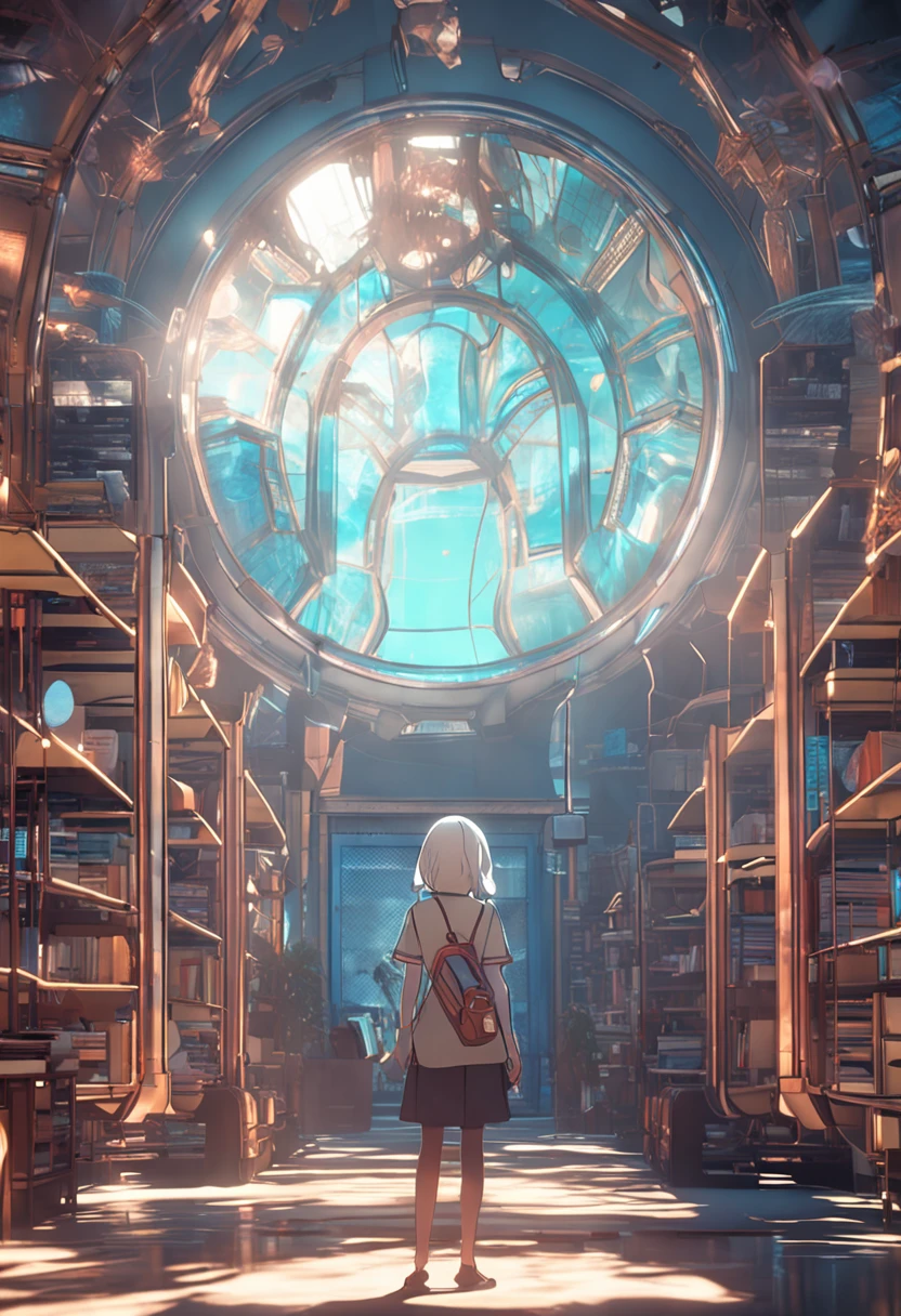 White hair, ssmile, libraryai, kosmos, anime big breast, Ray tracing, shadowing, Vignetting, hyper HD, Masterpiece, Best quality, 8K，blue color eyes，Retro，Peaceful demeanor，looking at book，teens girl