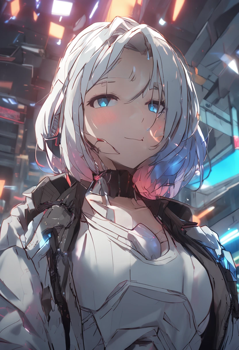 White hair, ssmile, libraryai, kosmos, anime big breast, Ray tracing, shadowing, Vignetting, hyper HD, Masterpiece, Best quality, 8K,blue color eyes,Retro,Peaceful demeanor,looking at book,s girl
