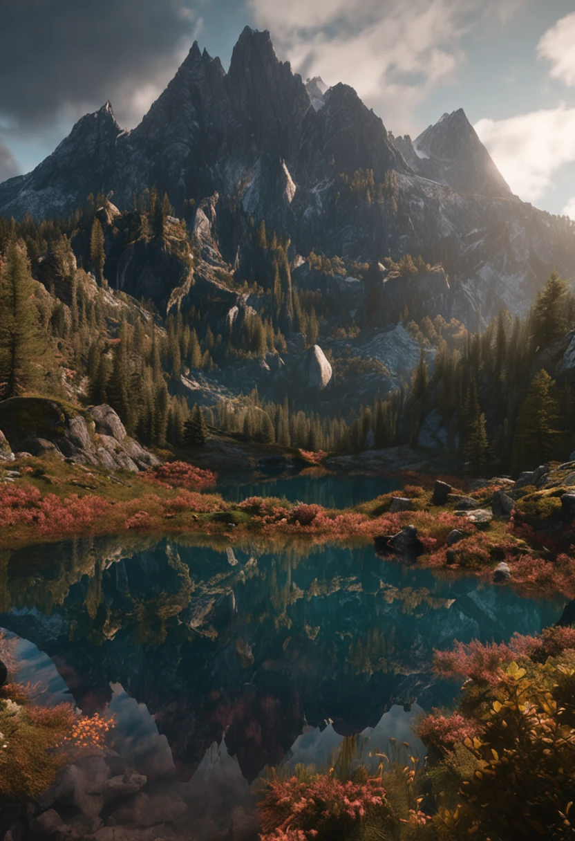 (Dark magic:1.2), (Grim:1.1) forest, springtime,alps, (Intricate details), Mirror-like lake,(ultra - detailed), 8k hdr, high detal, A lot of detail, High quality,Tyndall effect, (Colored:1.3)