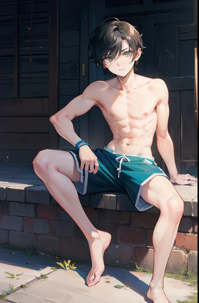 Percy Jackson, , masterpiece, highres, average height, athletic, very slight muscles, raven black hair, messy hair, slightly short hair, shirtless, tanned mediterranean skin, sea green eyes, handsome face, smirking, looking at viewer, injured, Percy is standing and you can see his full body from head to toe in the picture. He is wearing black running shoes and shorts, and is shirtless. He is rolling his wrists. He is thin with slight hints of muscle