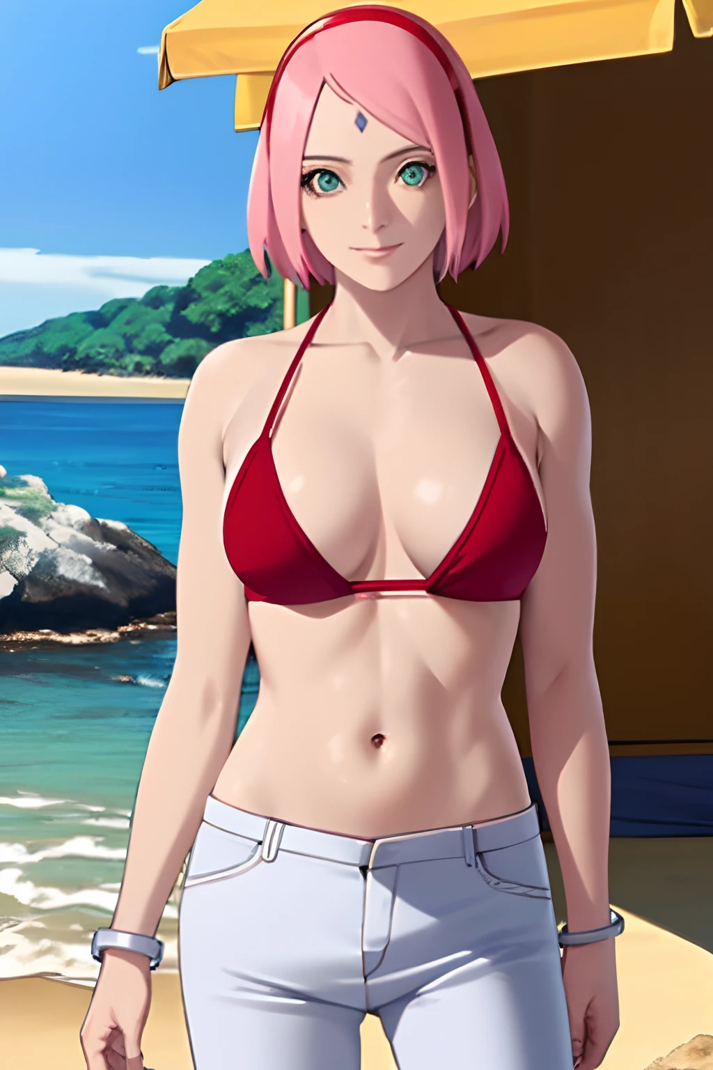 masterpiece, 4k, portrait, cowboy shot, professional artwork, detailed beach background, intricate details, colorful, digital blending, (ultra detailed body, ultra detail hair, ultra detail face), trending on pixiv, kind smile, best quality, anime style: 1.9, 1girl, hires, haruno sakura, (forehead mark, milf, red hairband, pale skin, small breasts, short hair, ((bare neck, red (micro) bikini top, (bikini top only)), white pants), (navel, belly button, bracelet, pink hair, closed mouth, big eyes), smile, beach, wind, floating hair, detailed arms, off-shoulders, broad shoulders, (slightly muscular arms, slightly strong biceps), (dirty armpits, armpit pocket), standing)