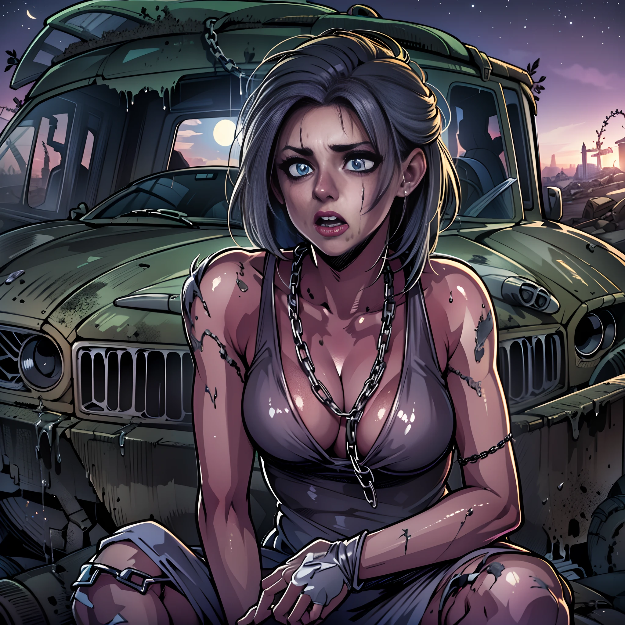 nighttime, moonlight, post-apocalyptic, post-apocalypse, scavenger, scantily clad, brunette, highly detailed eyes, silver jewelry, silver chains, exposed cleavage, embarrassed, shy, scared, fearful, horror, destroyed vehicle background, wasteland setting, shiny silver