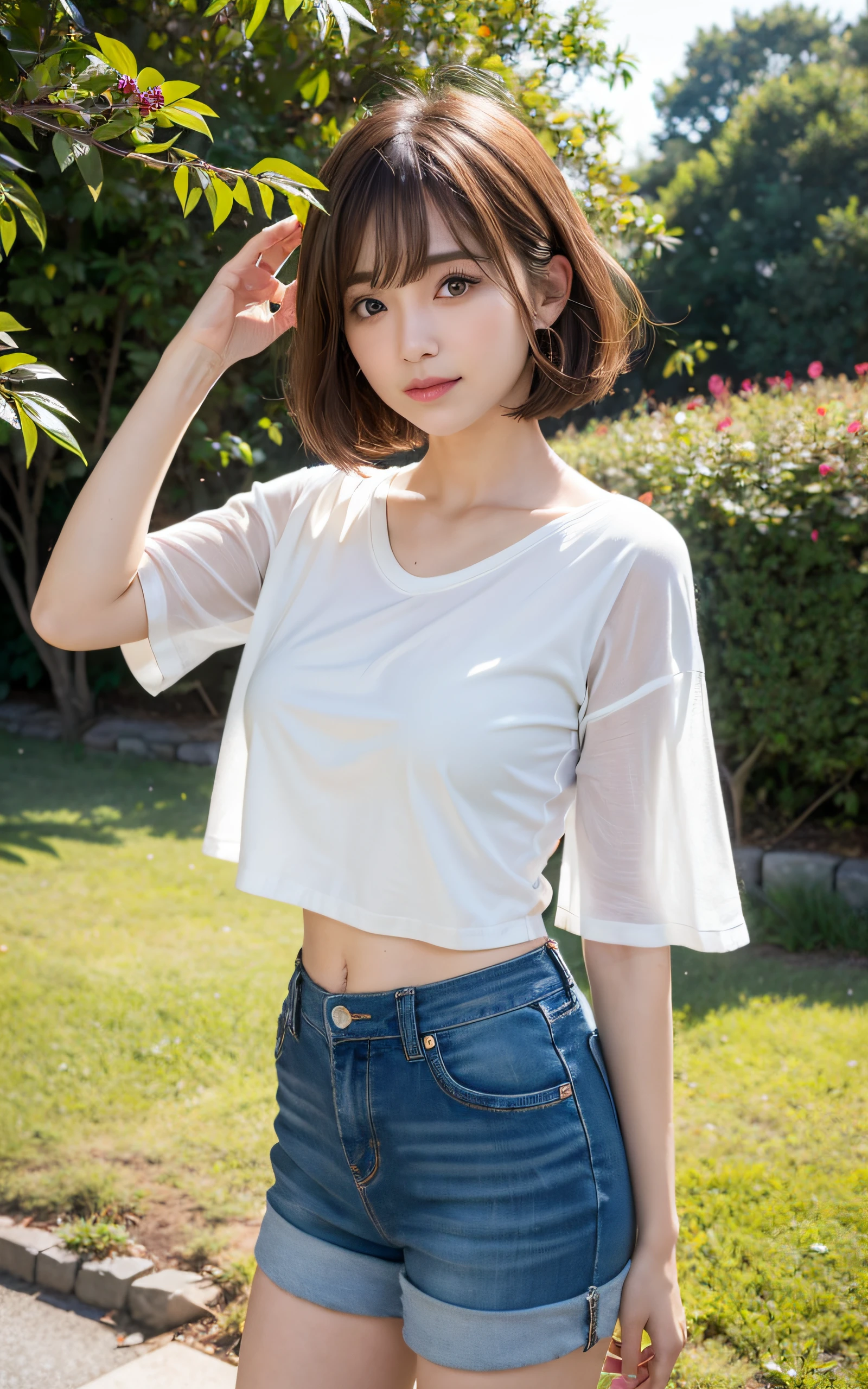 ((top-quality、8k masterpieces:1.3))、(ultra beautiful faces:1.0)、(shinny skin:1.0)、photos realistic、Brown hair,  Very short bob hair, layers-Cut, Her hair is swaying in the wind,  Bangs, Video Lighting、High-definition eyes and face、1 japanese girl, Neat and clean beauty, Cute, hoodle, Short pants, buttoning, from the front side、medium breasts、A slight smile, Foggy forest lake