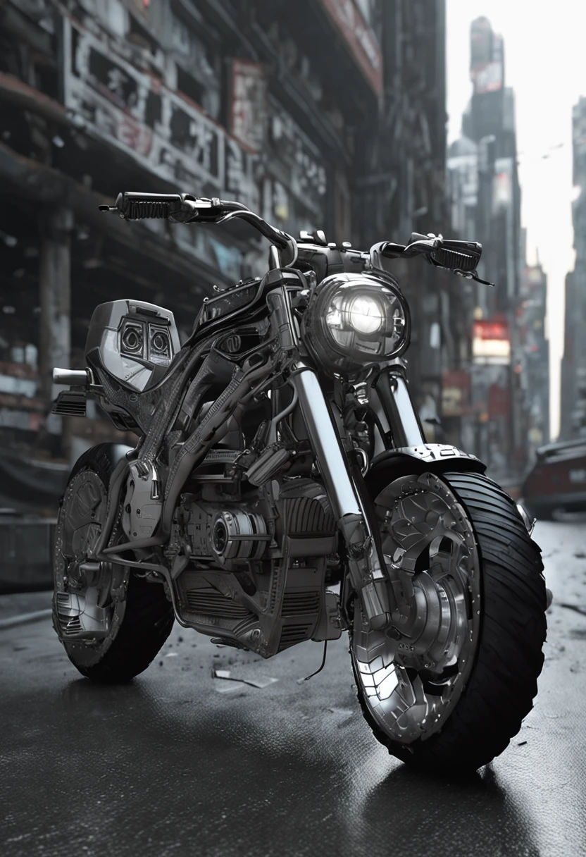 The bike of the future galloping、top-quality, ​masterpiece, a picture, 4K, Photorealista, ighly detailed, 3D Maps, tech wear, cyberpunkcity, Solo, futuristic, black and white, by Akira Toriyama, bladerunner、AKIRA