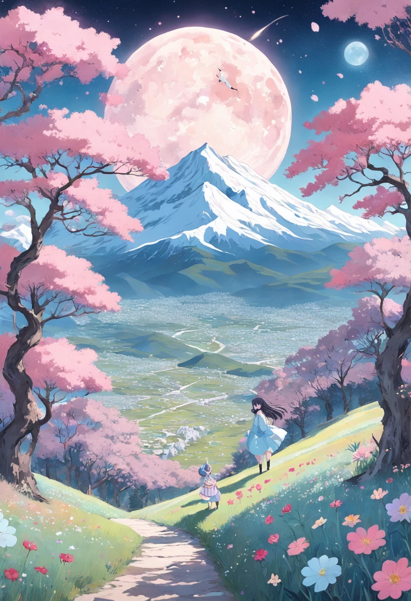 a flowering field, mountains and the moon, in the style of whimsical collage work, fairy kei, snow scenes, cinestill 50d, glistening, muted tones, surrealism, cloisonnism