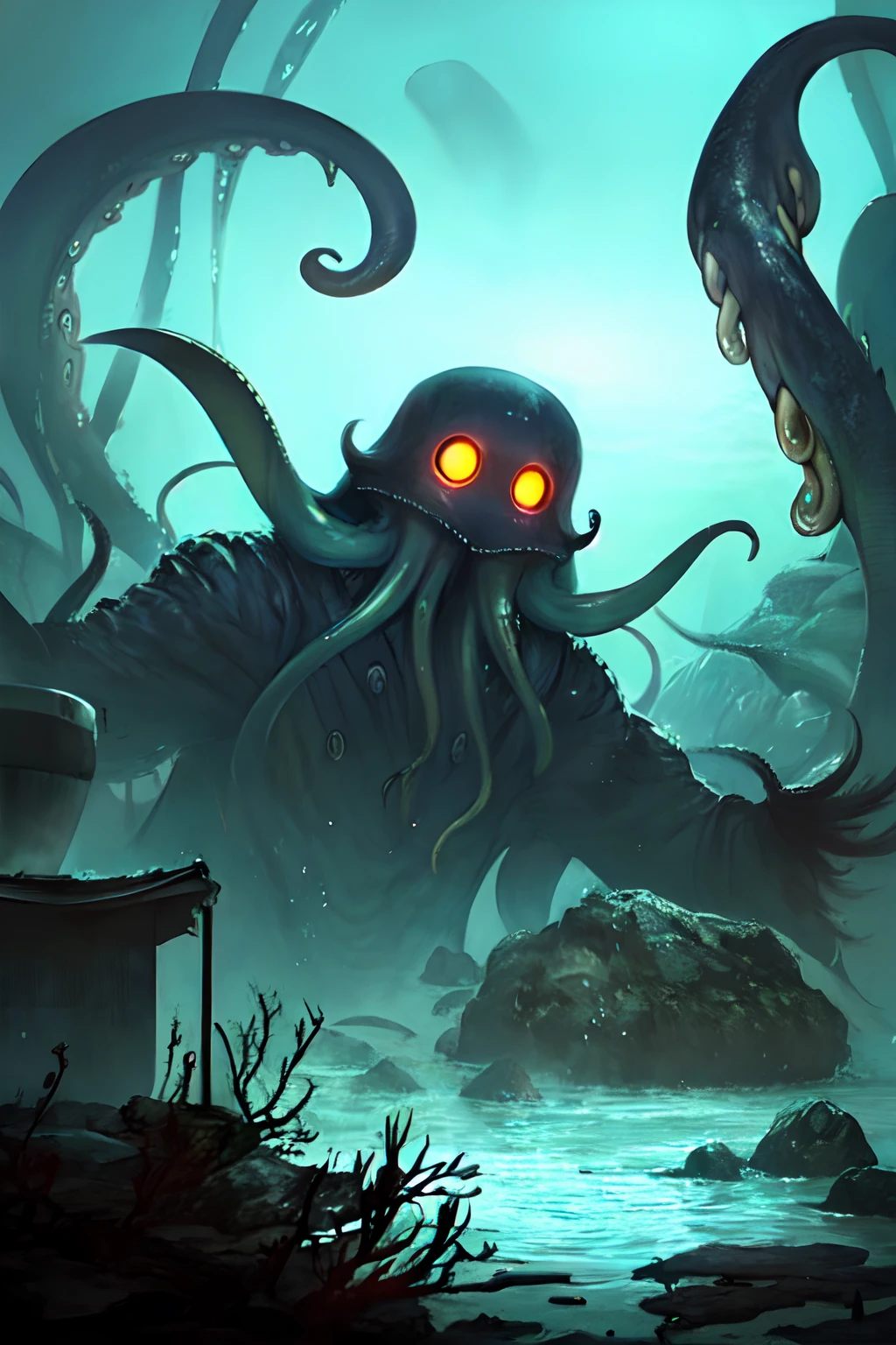 Cthulhu,Monster,(tentaculata:1.35)，A polluted underwater world，Gloomy picture，(Nuclear contamination:1.35)，（face:1.35）sarcoma