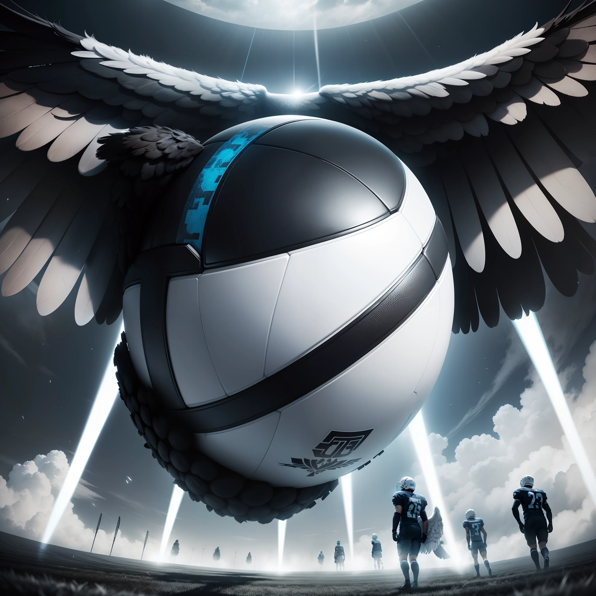 There is a huge white football in the middle of the picture,There are blue or white wings surrounding the football, The background is a black night sky or solid black,The football and the surrounding wings as a whole show an upward trend
