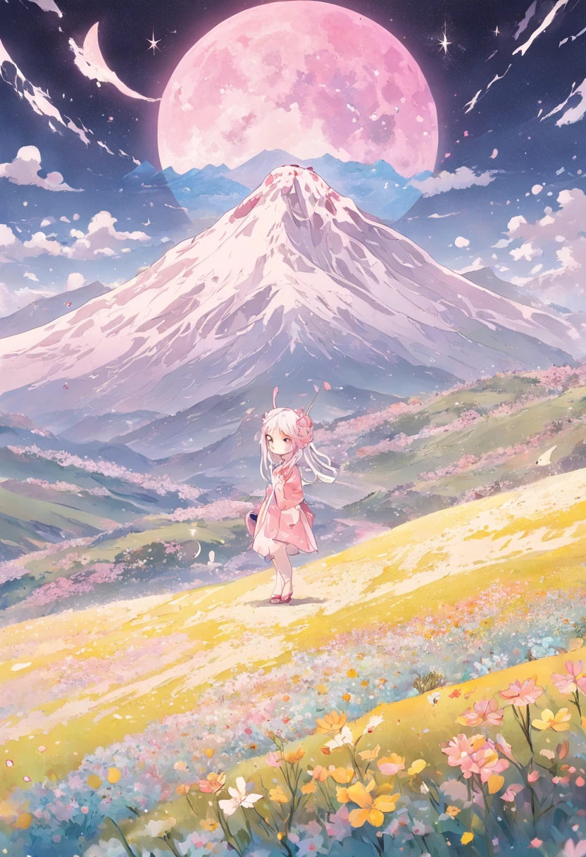 a flowering field, mountains and the moon, in the style of whimsical collage work, fairy kei, snow scenes, cinestill 50d, glistening, muted tones, surrealism, cloisonnism