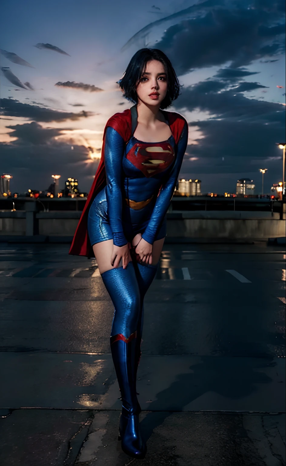 1girl, (twilight), short hair, 
(looking at viewer,( lip biting )), supergirl, cityscape, (flying),blue sky,cloud,parted lips,blue tights and boots,
intricate details,highly detailed,shiny hair,shiny skin,8k resolution,( full body)