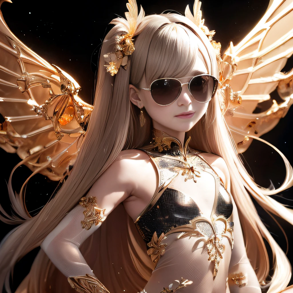 baton，Transparent wings，Magic wand，Wear thick gold-framed reflective sunglasses，32K（tmasterpiece，k hd，hyper HD，32K）Burgundy double ponytail，The Silver Skull Jewelry District in the backstreets，Indigo Skull King ，Skeleton protector （The skeleton is realistic：1.4），Skull pattern robe，Silver skull flower ornaments，Petals flutter，Colored ball head，Hold your head high，Be proud，The nostrils look at people， A high resolution， the detail， RAW photogr， Sharp Re， Nikon D850 Film Stock Photo by Jefferies Lee 4 Kodak Portra 400 Camera F1.6 shots, Rich colors, ultra-realistic vivid textures, Dramatic lighting, Unreal Engine Art Station Trend, cinestir 800，Hold your head high，Be proud，The nostrils look at people，Tsundere，Petals flutter，Petals flutter，Sprinkle with gold dust，Fluttering，Impeccable，( reasonable design, Clear lines, High sharpness,Best quality, Very detailed skeleton, The skeleton of a masterpiece, offcial art, movie light effect, 4K skeleton（（（Wear thick gold-framed reflective sunglasses）））Transparent wings，（baton）（Baton in hand）（Giant stick）baton，