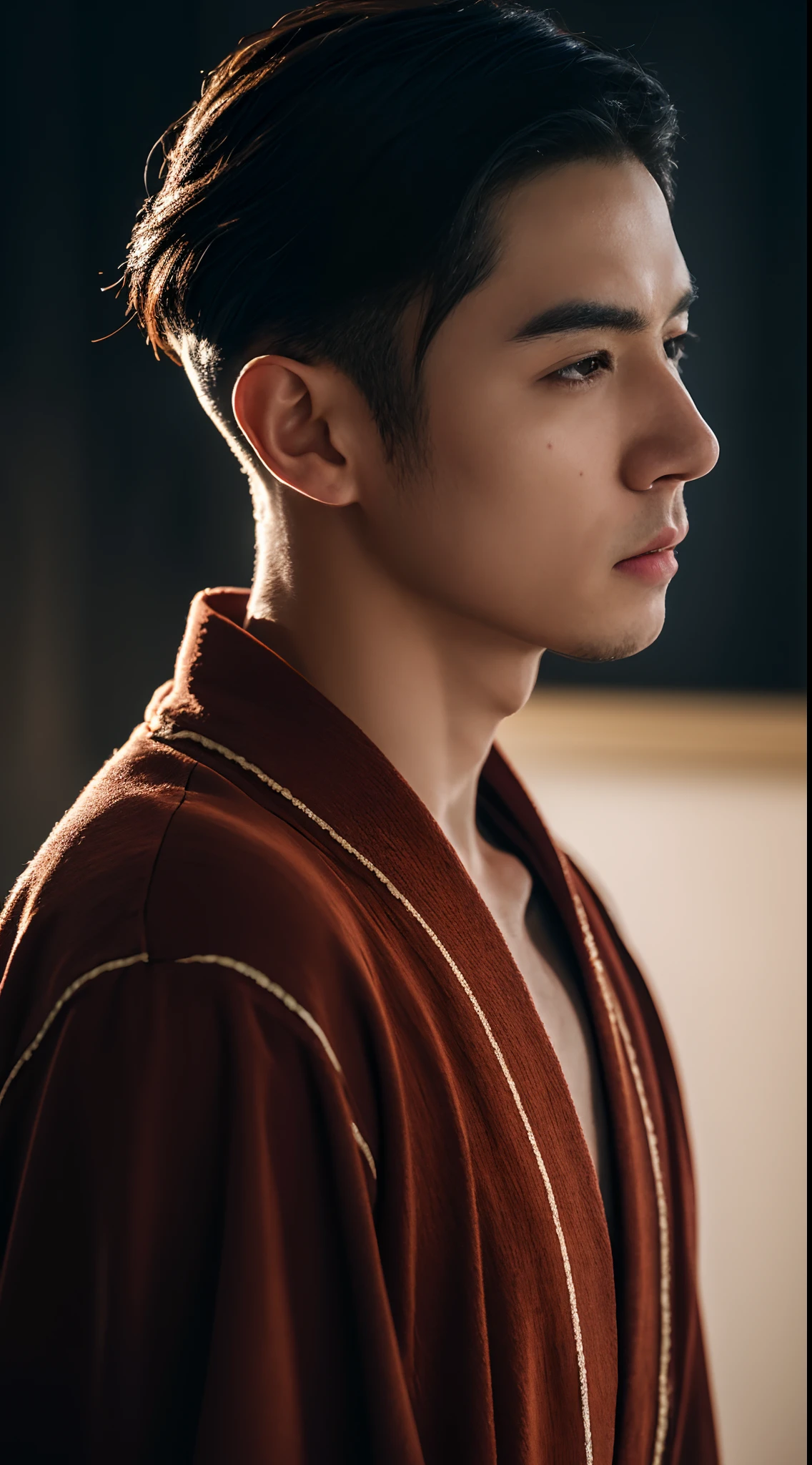 (8K, RAW photo, Highest quality),Realistic,1 man,frontage，Intricate details,Closed mouth,Muscular male,Manly,looks away,Male focus,Solo,Transparent robe，Chinese Tang Dynasty,18-year-old man，Night sky,Soft lighting,Cinematic lighting,Portrait,Close-up,Loving eyes